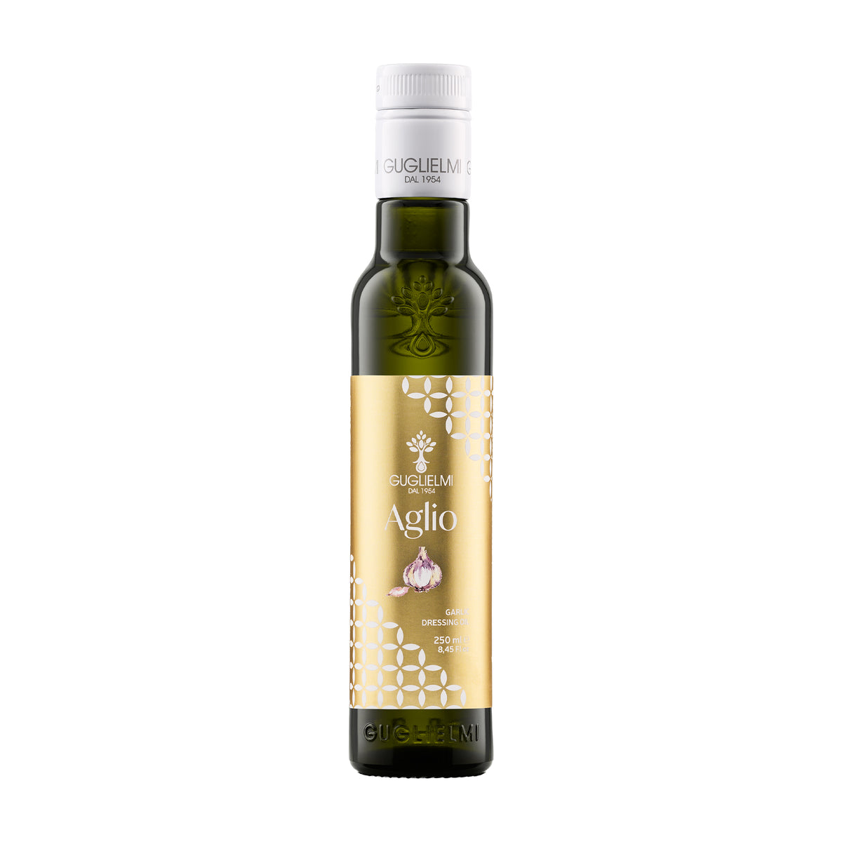250 ml bottle of Olio Guglielmi Crushed Garlic flavored extra virgin olive oil.
