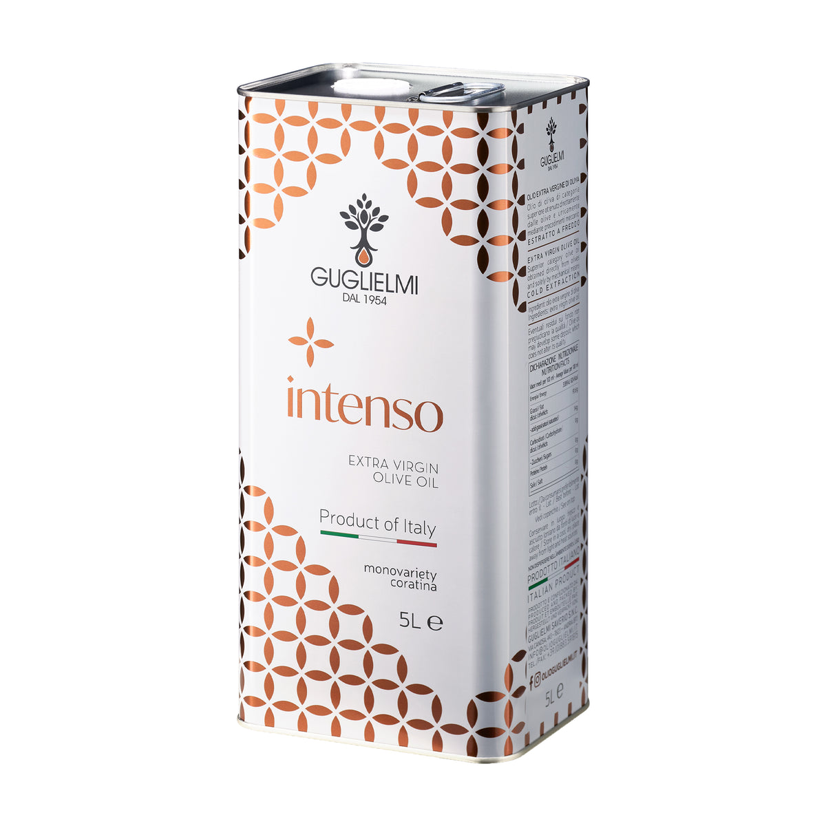 Angled view of Guglielmi Intenso 5L extra virgin olive oil tin from Puglia, Italy.