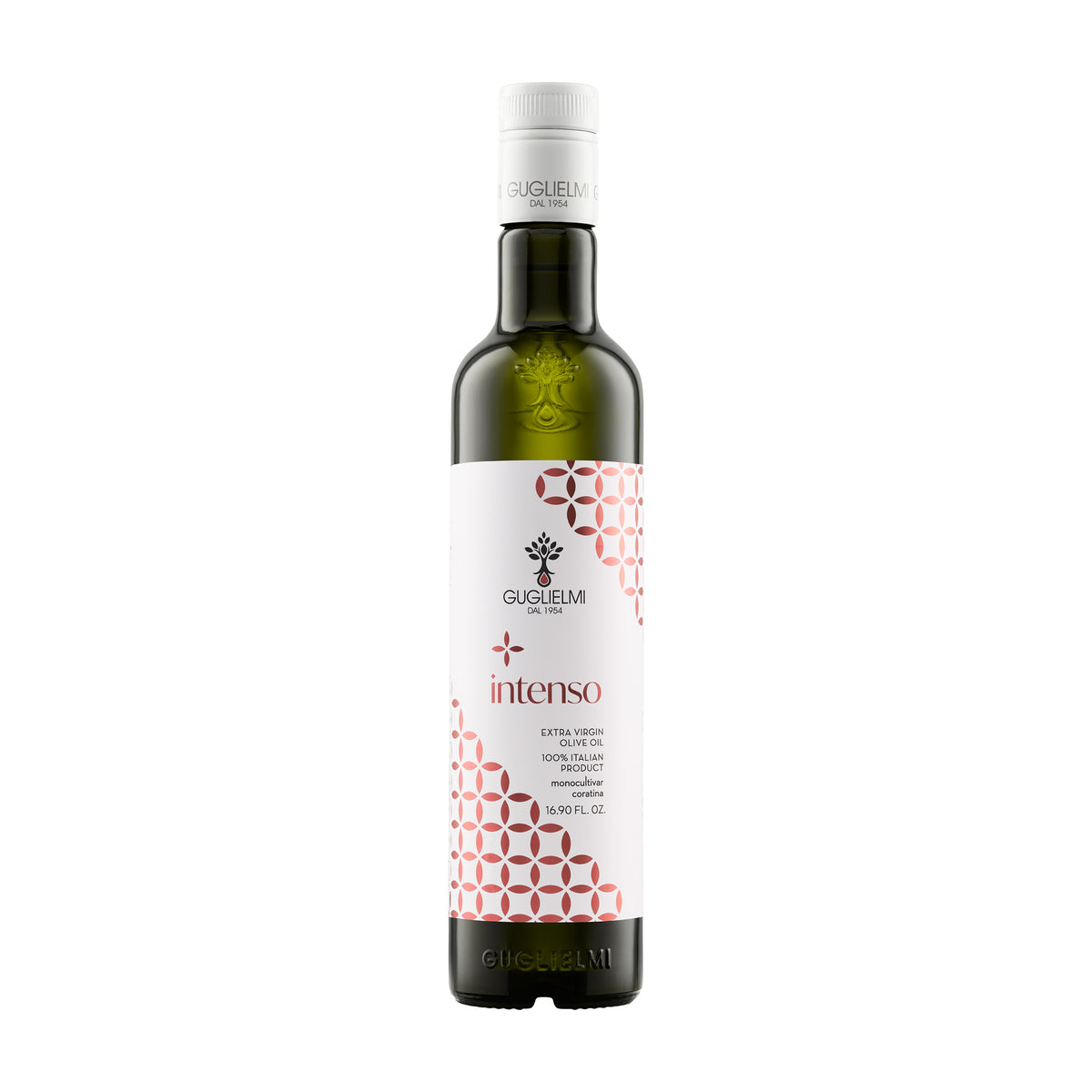 Guglielmi Intenso robust-intensity extra virgin olive oil 500 ml bottle from Coratina olives in Puglia, Italy.