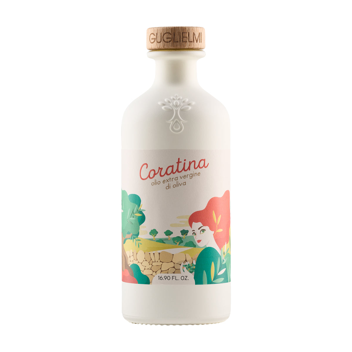 500ml Guglielmi Le Monocultivar Coratina extra virgin olive oil in a white bottle.