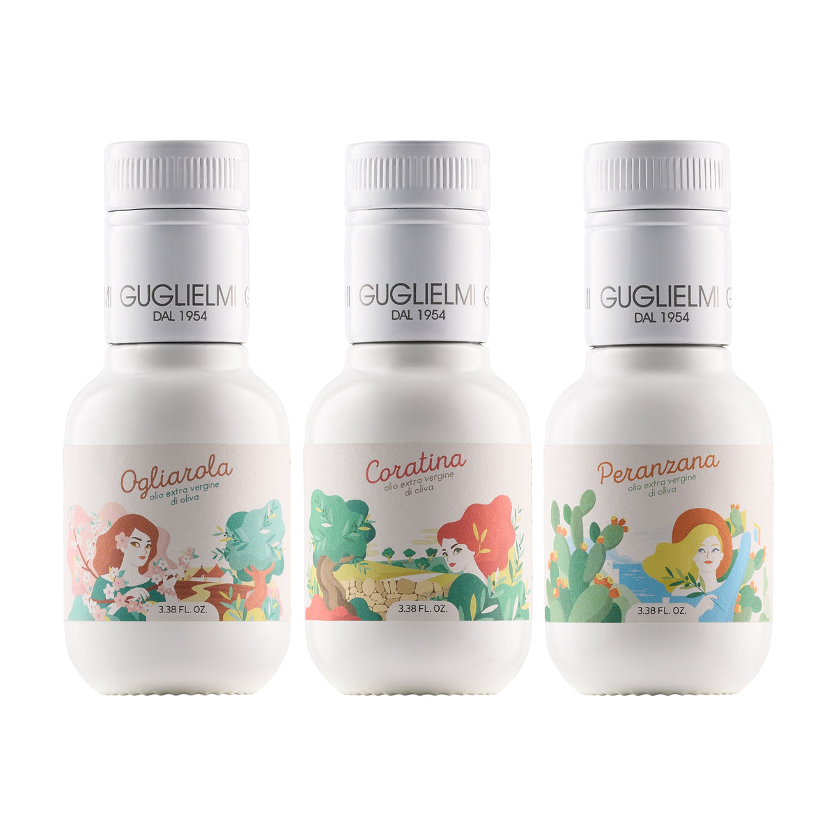 Guglielmi Le Monocultivar Travel Trio with three 100 ml bottles: Ogliarola, Coratina, and Peranzana extra virgin olive oils.