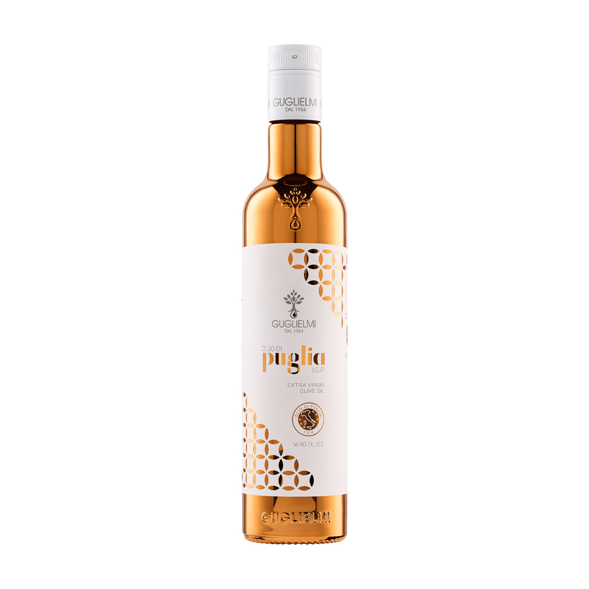 A 500 ml bottle of Guglielmi Olio di Puglia IGP extra virgin olive oil, from Puglia, Italy.