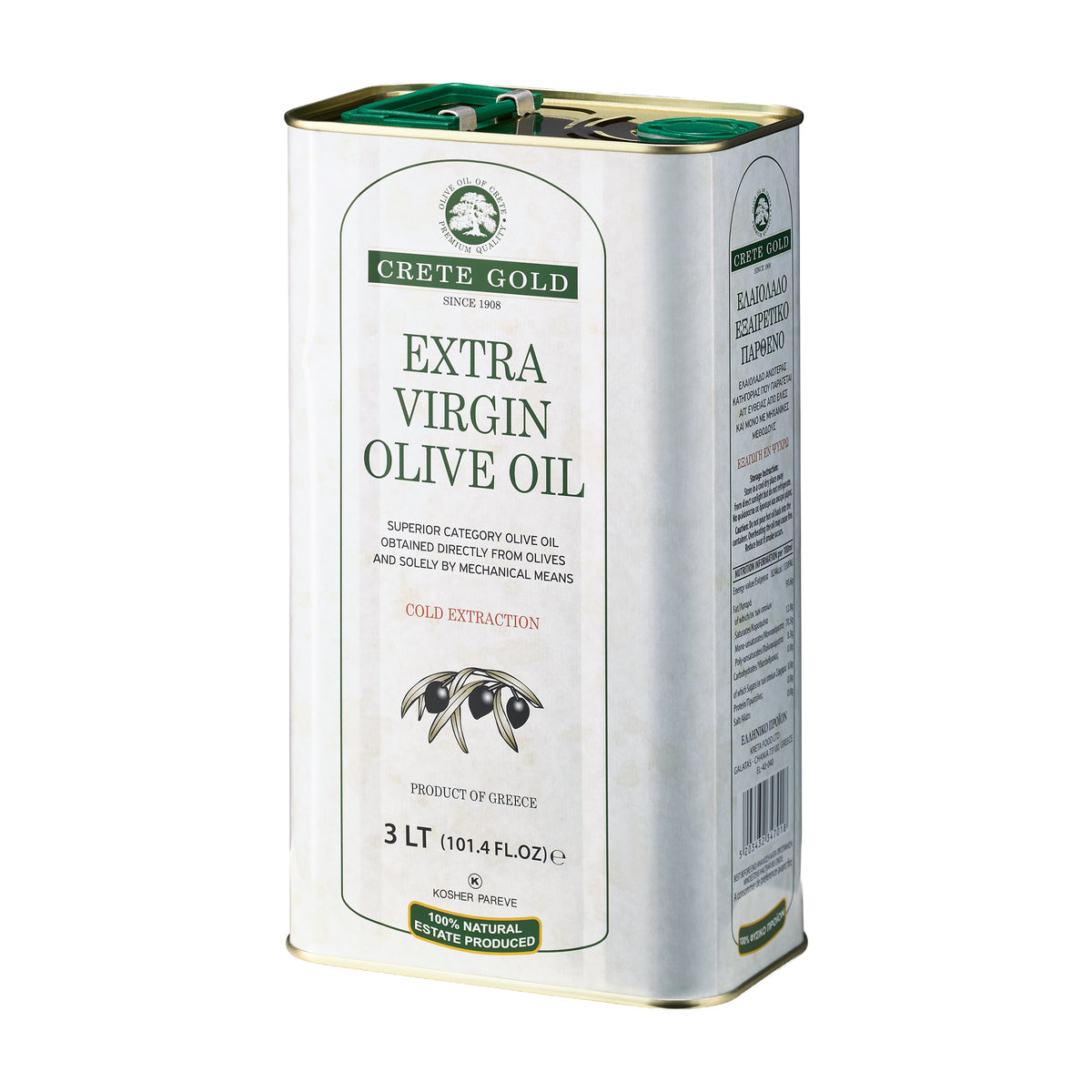 Crete Gold 3L extra virgin olive oil tin from an angled front view.