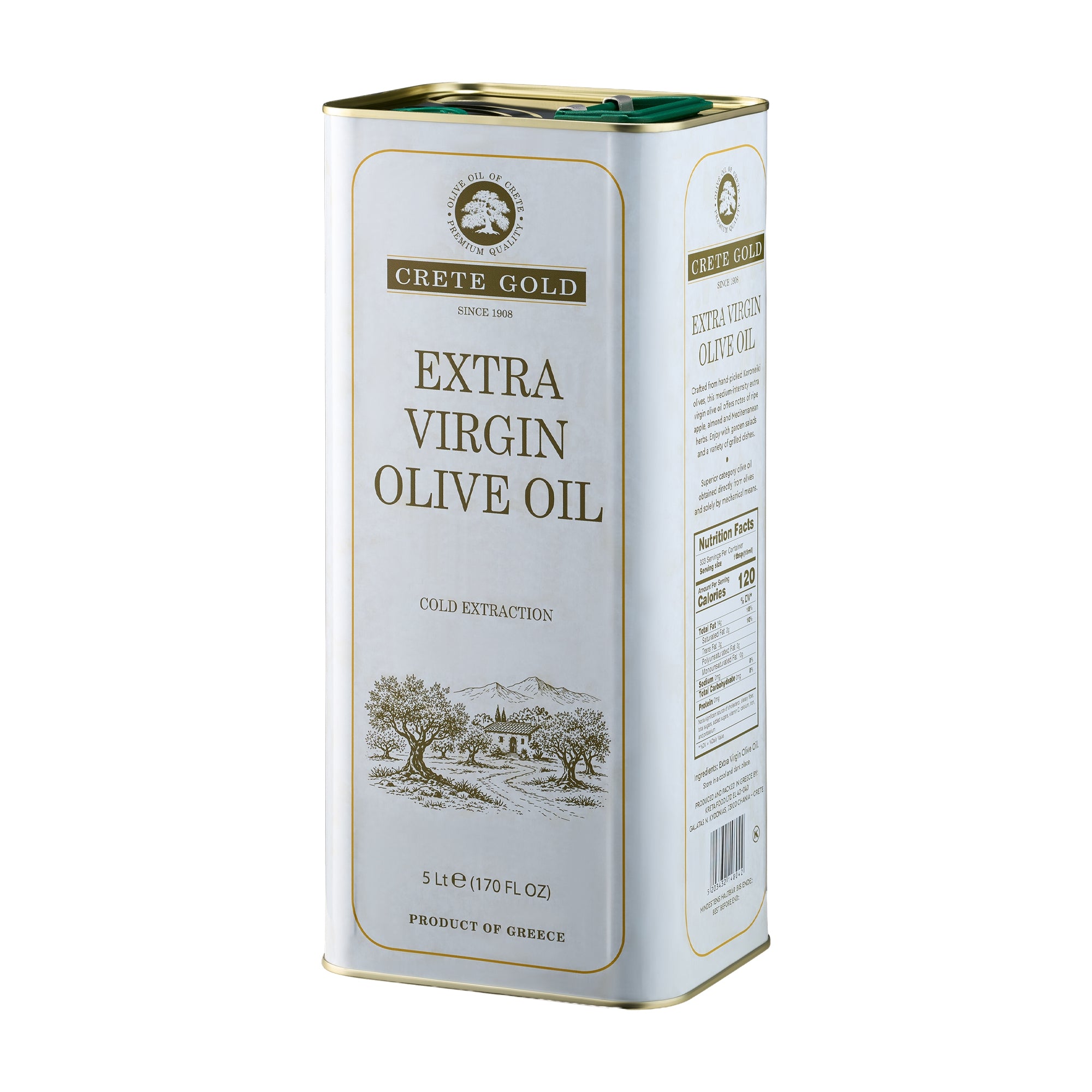Crete Gold 5L extra virgin olive oil tin from an angled view.
