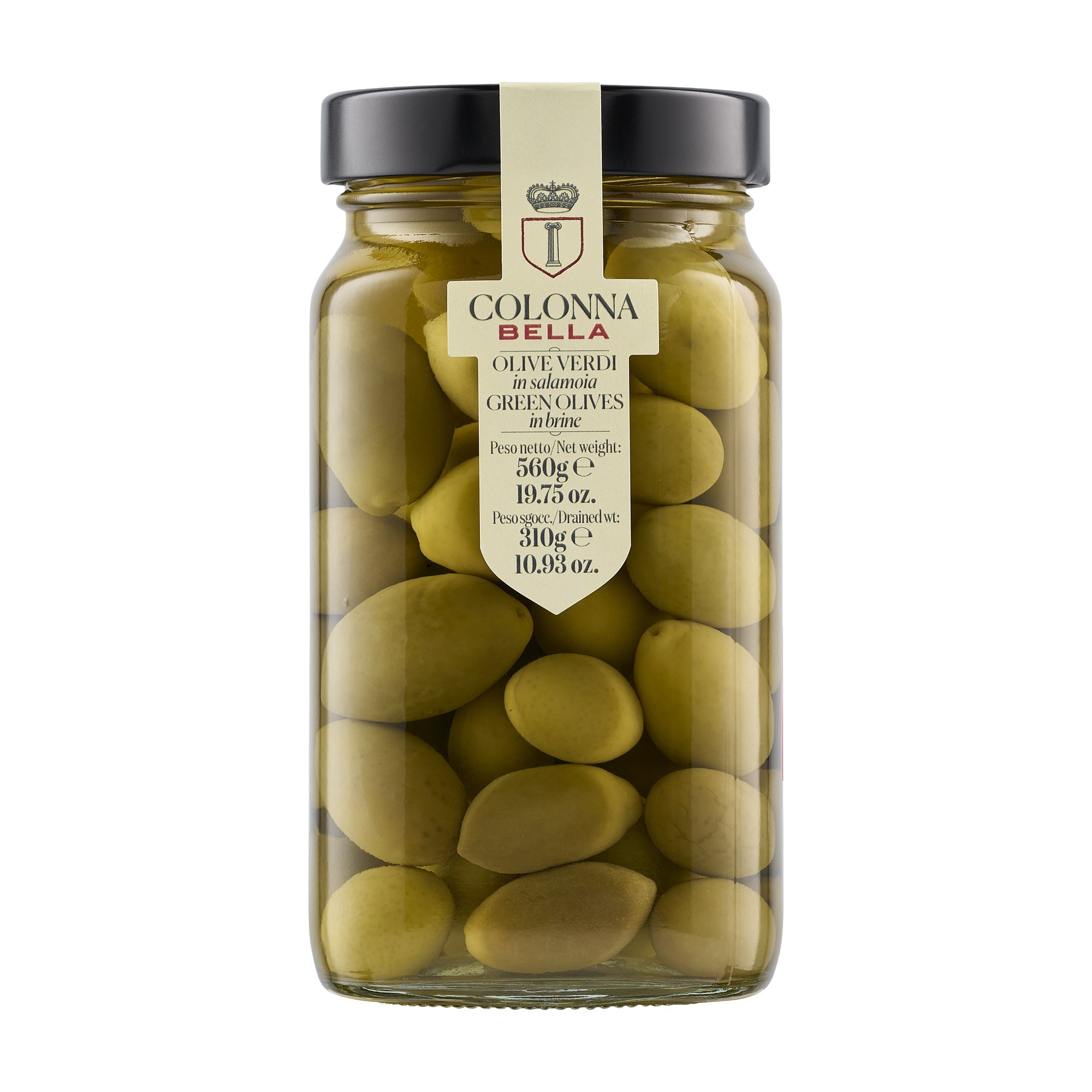 560g jar of Colonna Bella di Colonna Green Olives from Italy.