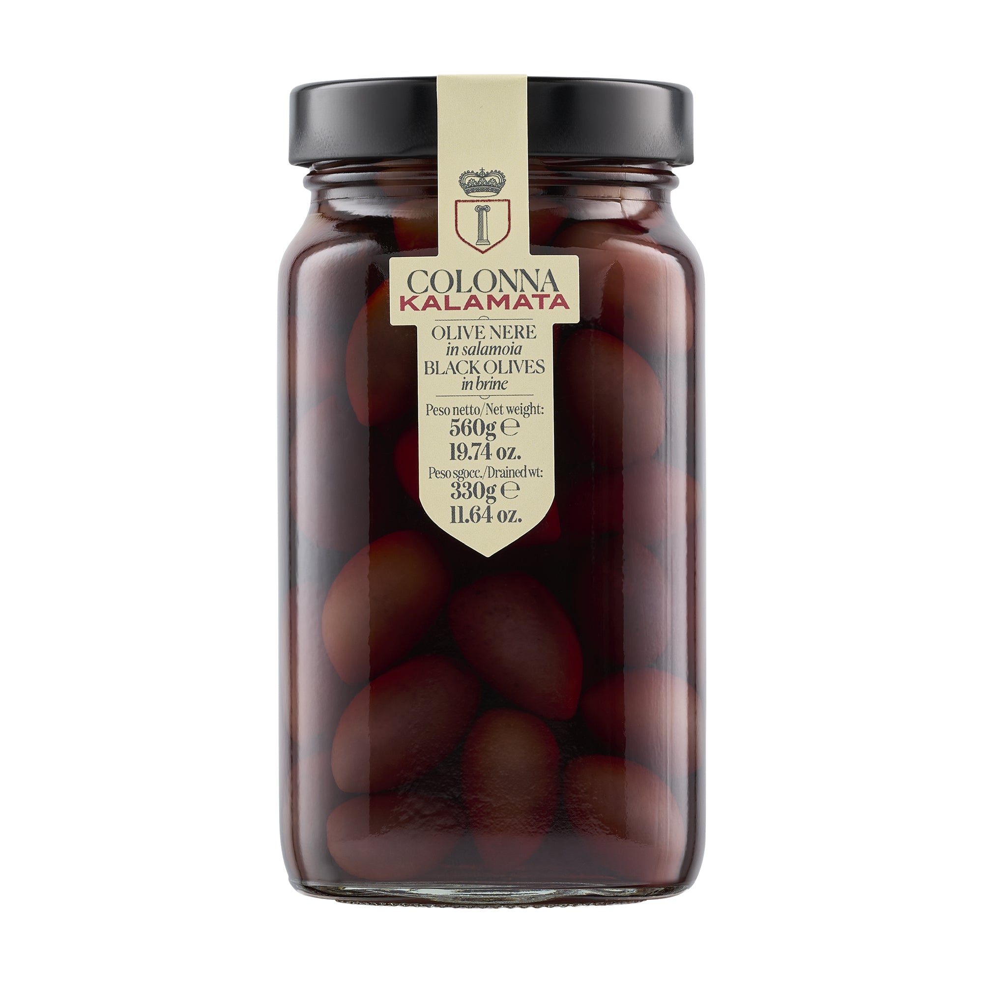 560g jar of Colonna Kalamata Black Olives from Italy.