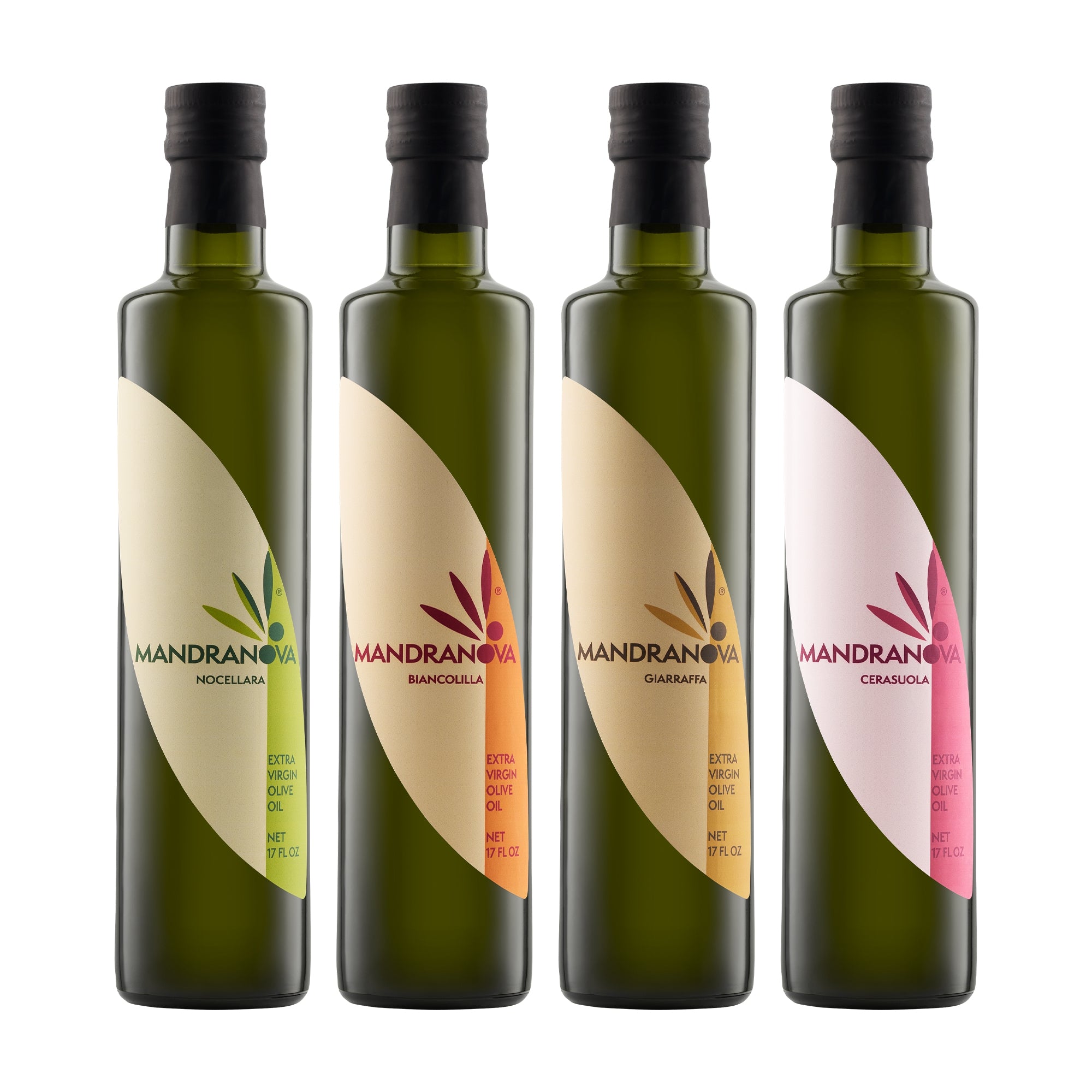 Mandranova Monocultivar set with four 500 ml olive oil bottles; Nocellara, Biancolilla, Giarraffa, and Cerasuola.