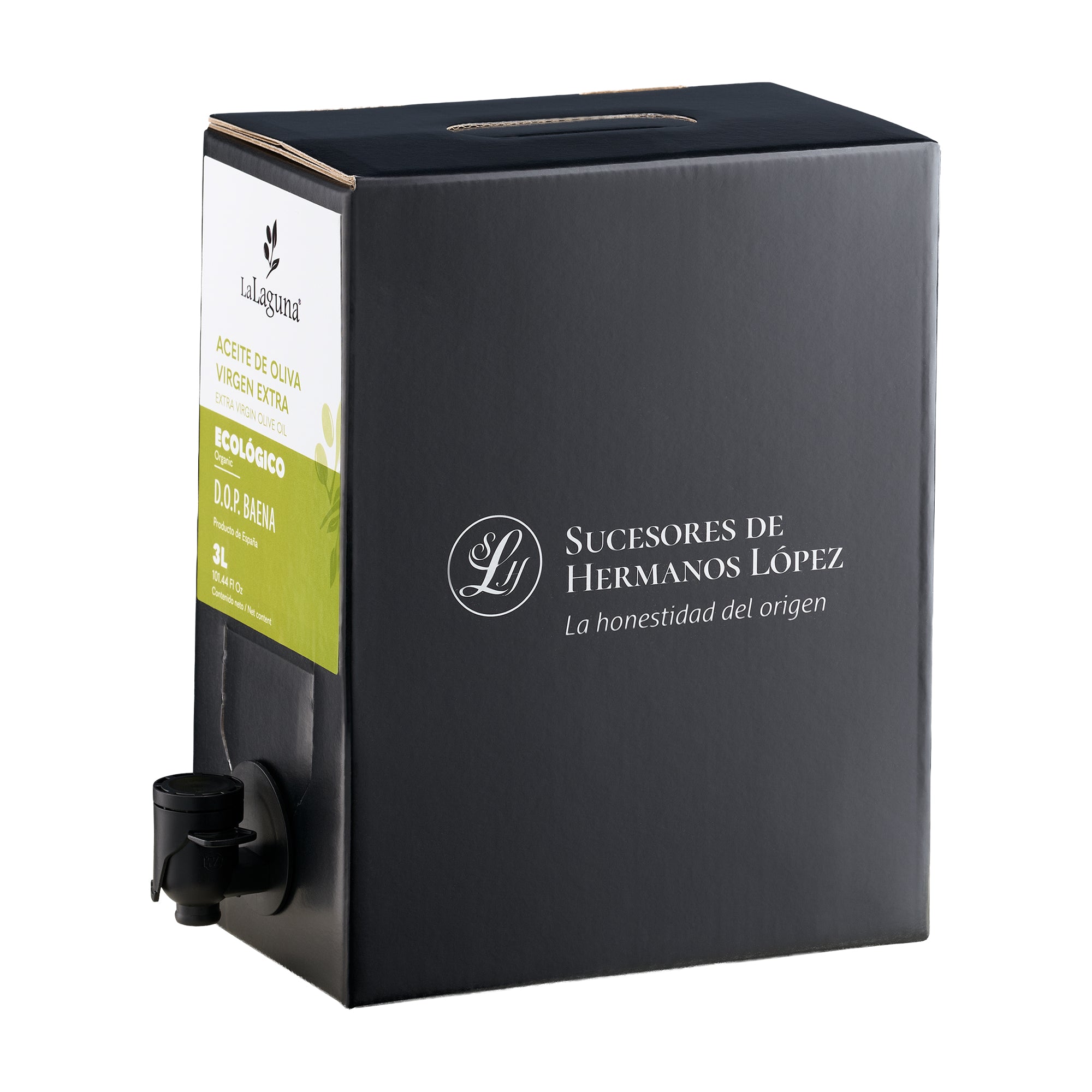 La Laguna Organic 3L Bag-In-Box extra virgin olive oil with dispensing spout extended.