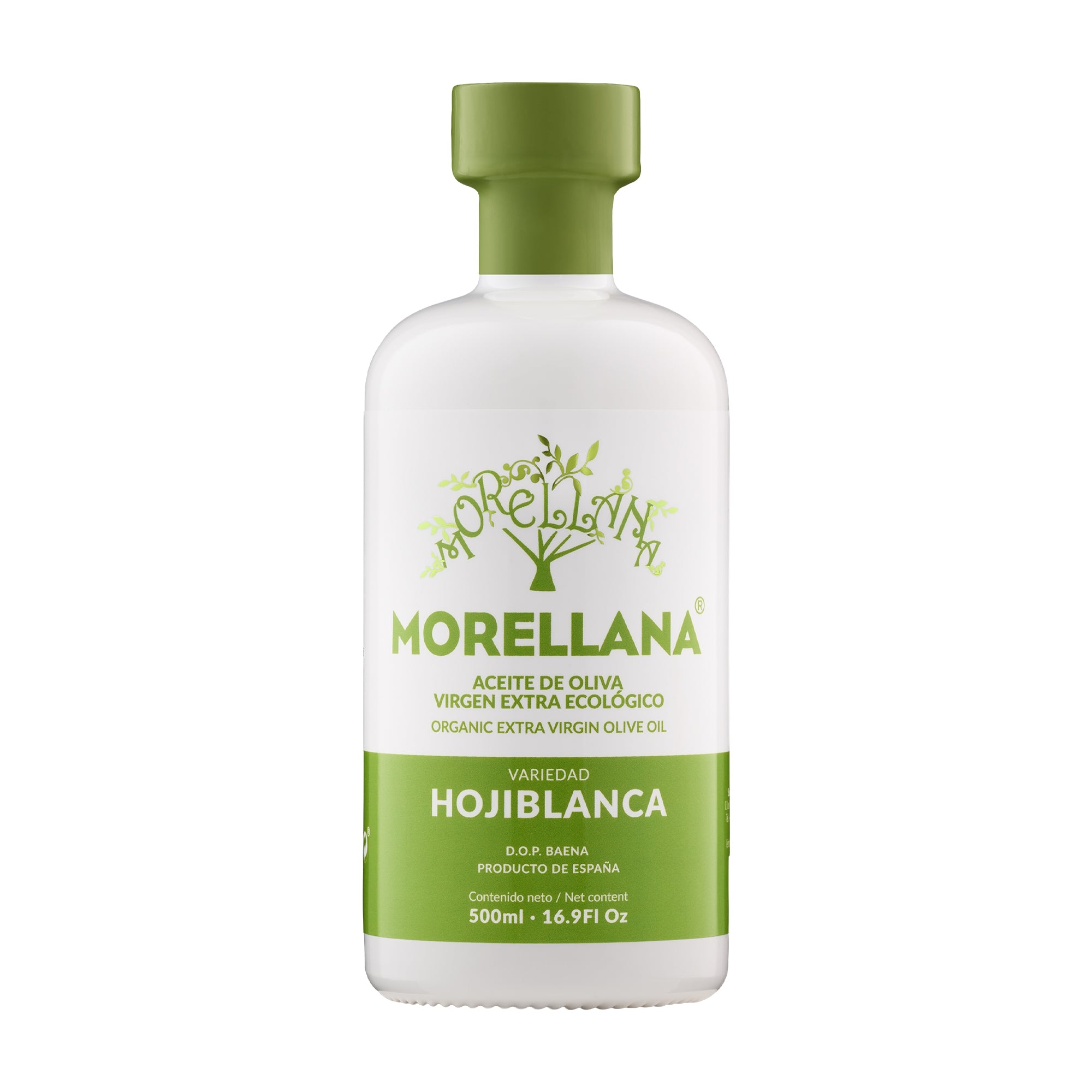 Morellana Organic Hojiblanca DOP Baena extra virgin olive oil, 500 ml bottle.