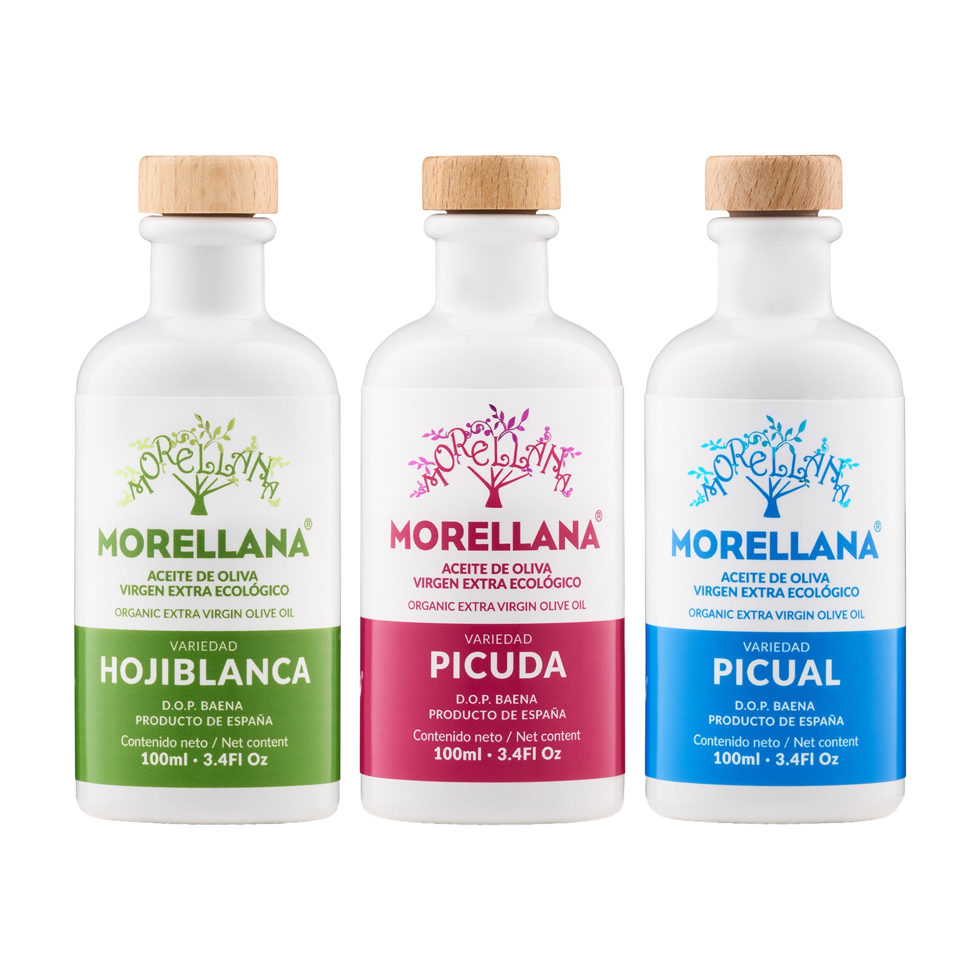 Morellana Organic Mini Sampler set with three 100 ml Hojiblanca, Picuda, and Picual extra virgin olive oil bottles.