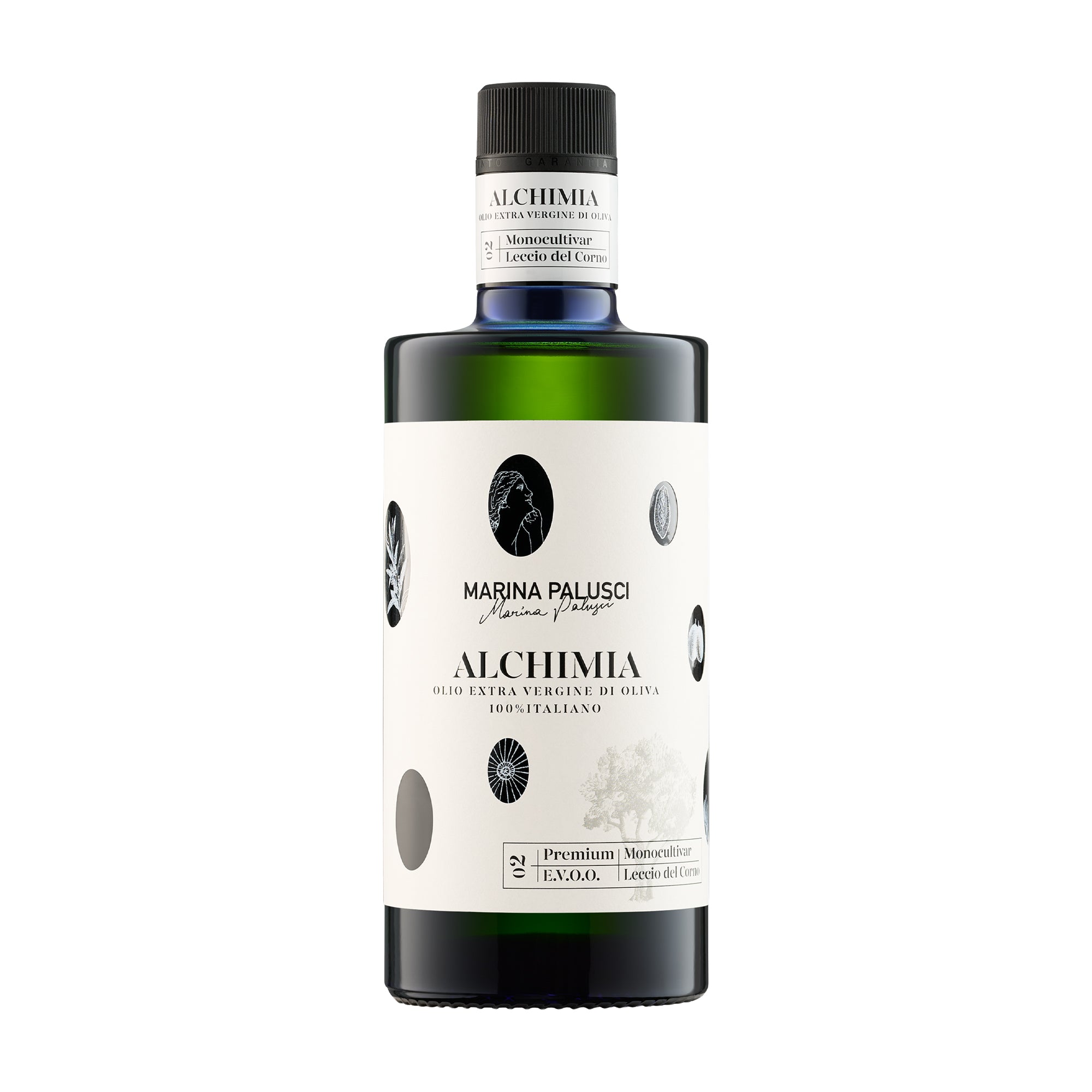 500 ml bottle of Marina Palusci Alchimia extra virgin olive oil from Abruzzo, Italy.