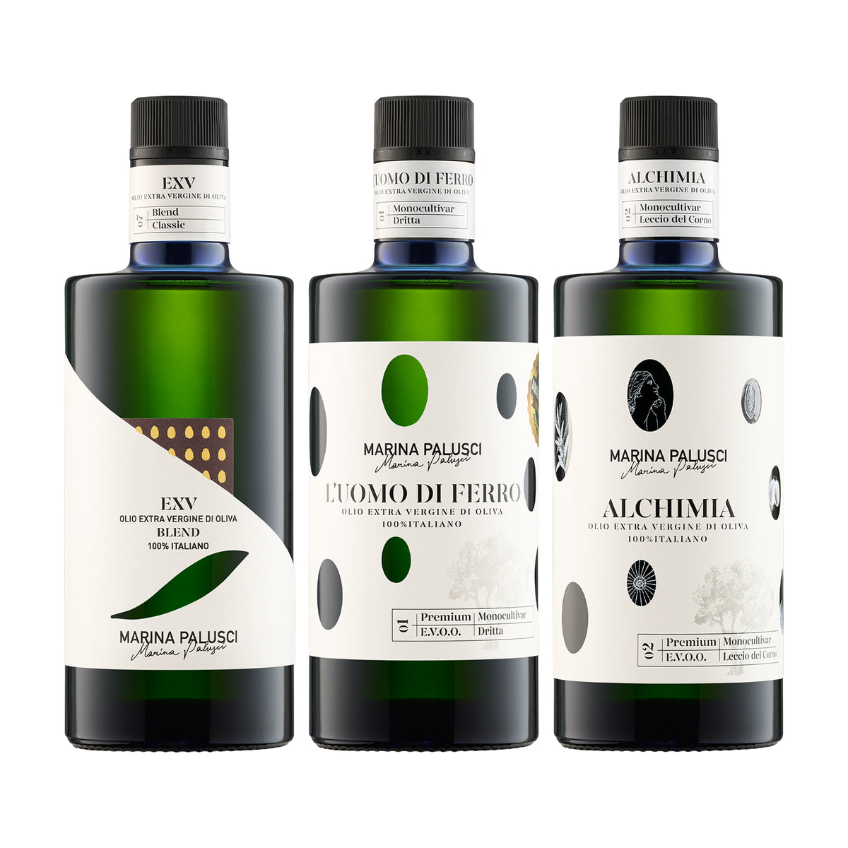 Three 500 ml olive oil bottles from Marina Palusci; L'Extravergine, L'Uomo di Ferro, and Alchimia.
