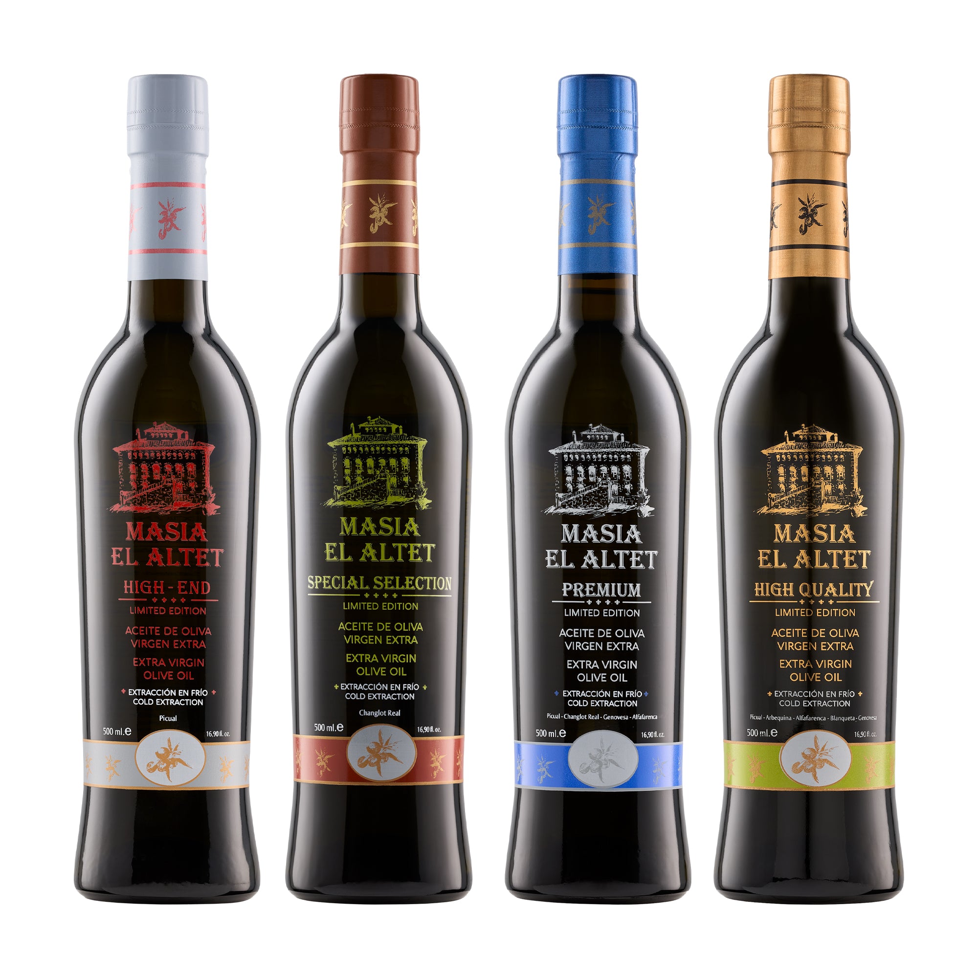 Four Masia el Altet extra virgin olive oil bottles; High End, Special Selection, Premium, and High Quality.