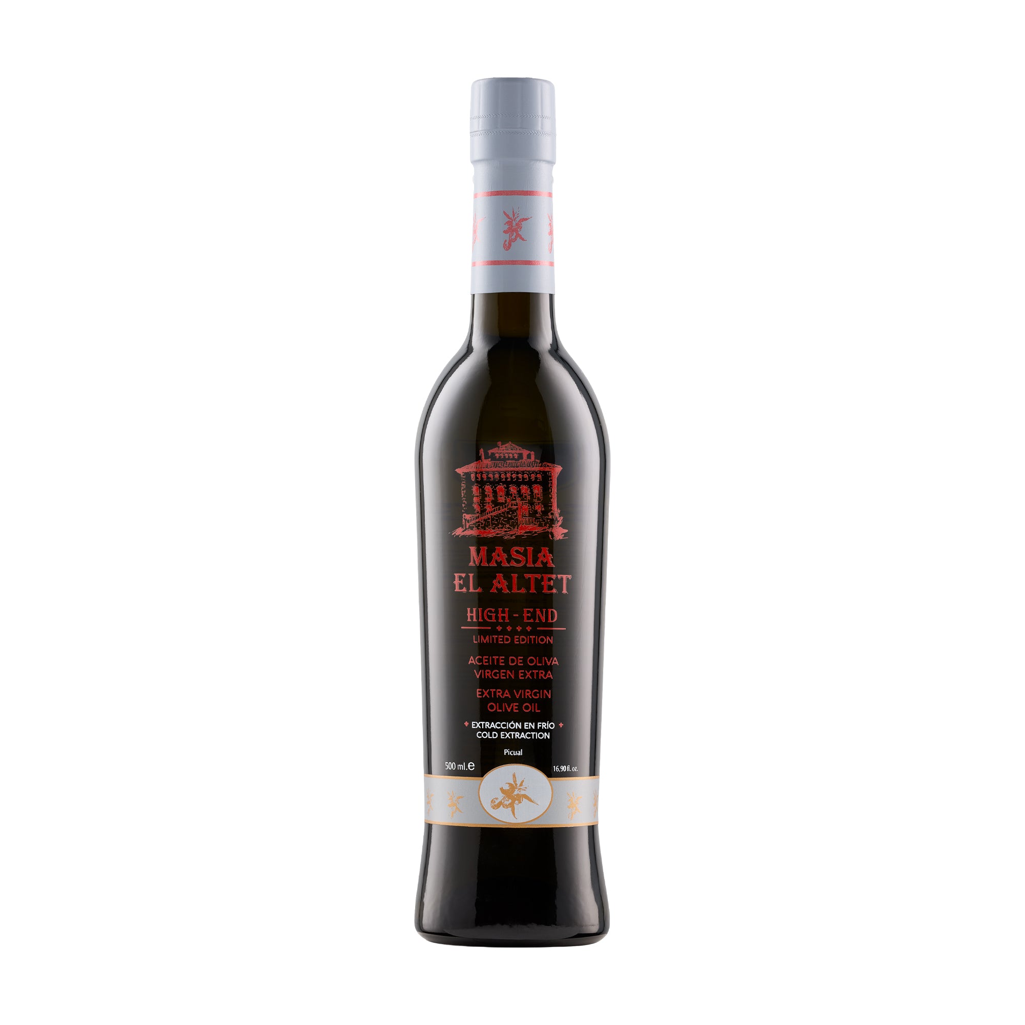 500 ml bottle of Masia el Altet High End extra virgin olive oil from Valencia, Spain.