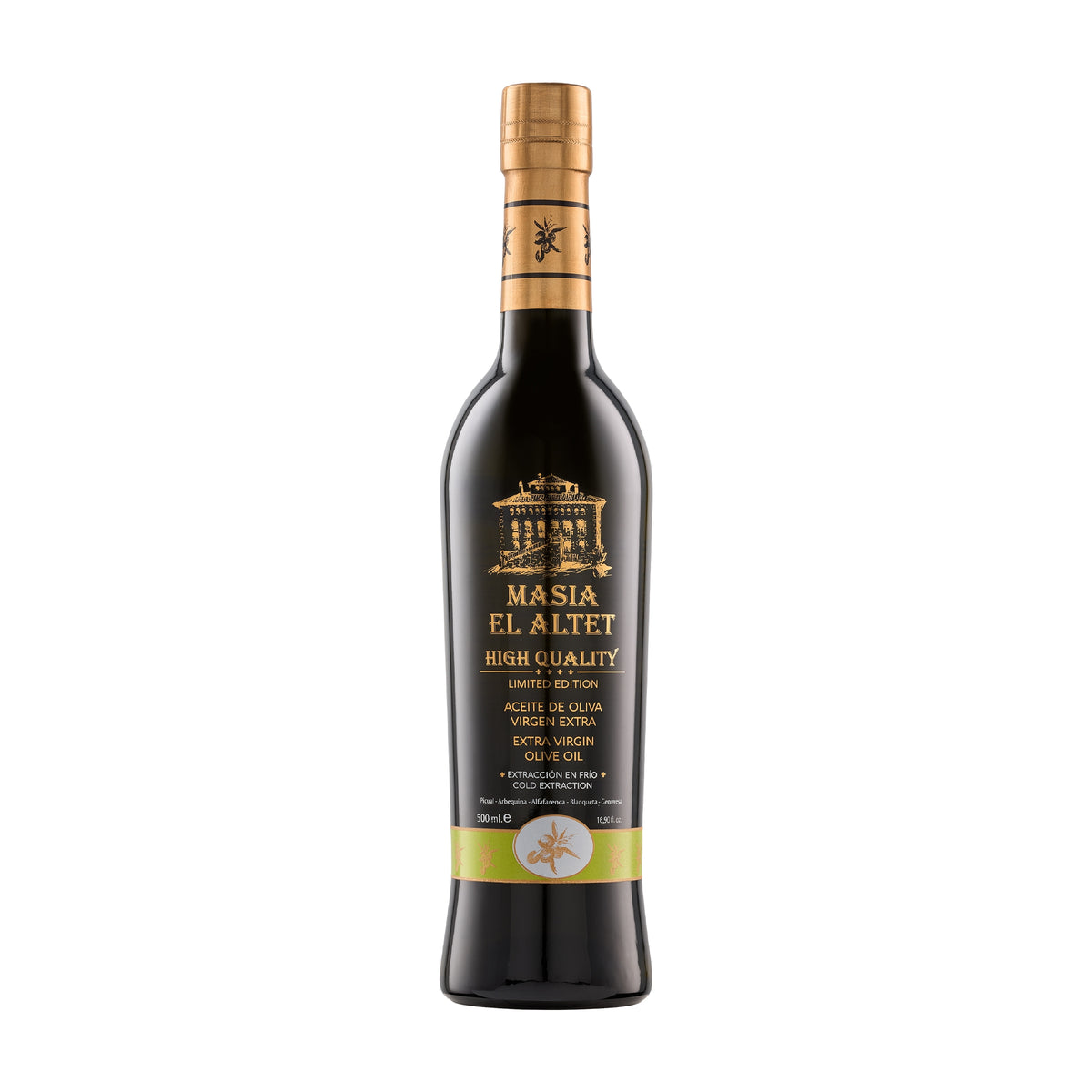 Masia el Altet High Quality 500 ml extra virgin olive oil bottle from Valencia, Spain.