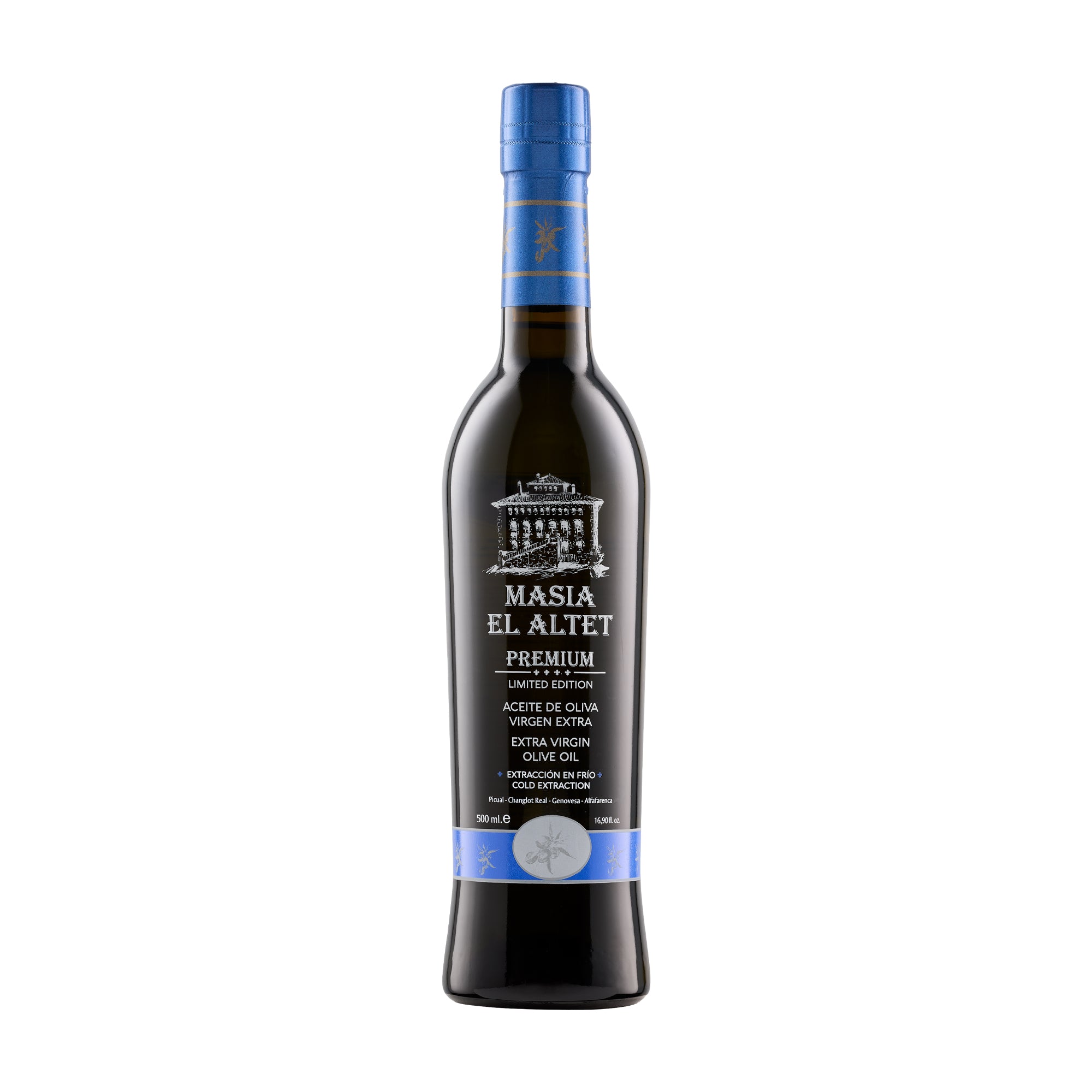500 ml bottle of Masia el Altet Premium extra virgin olive oil from Valencia, Spain.