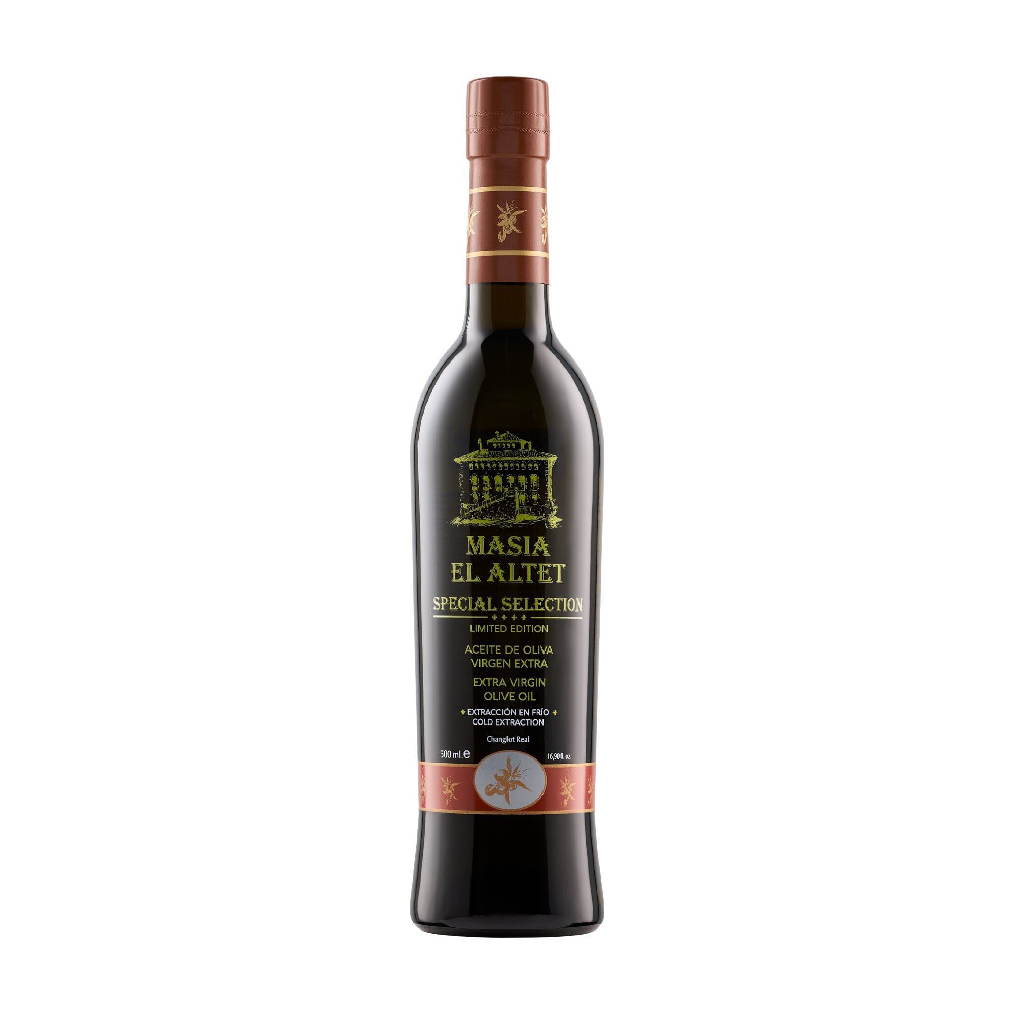 500 ml bottle of Masia el Altet Special Selection extra virgin olive oil from Valencia, Spain.