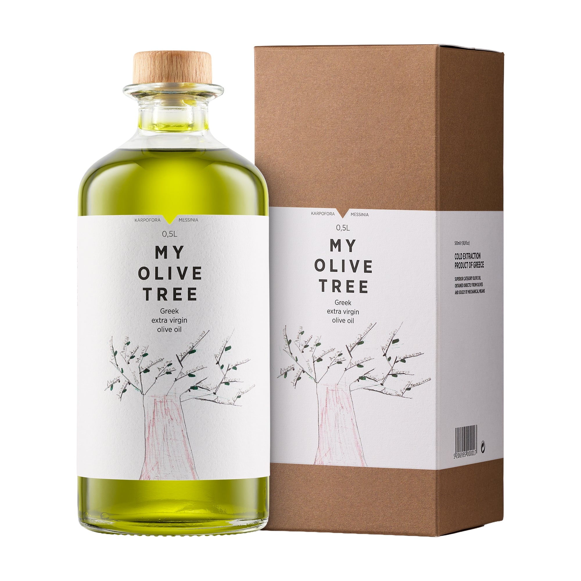 A 500 ml bottle of My Olive Tree Greek extra virgin olive oil with its gift box.