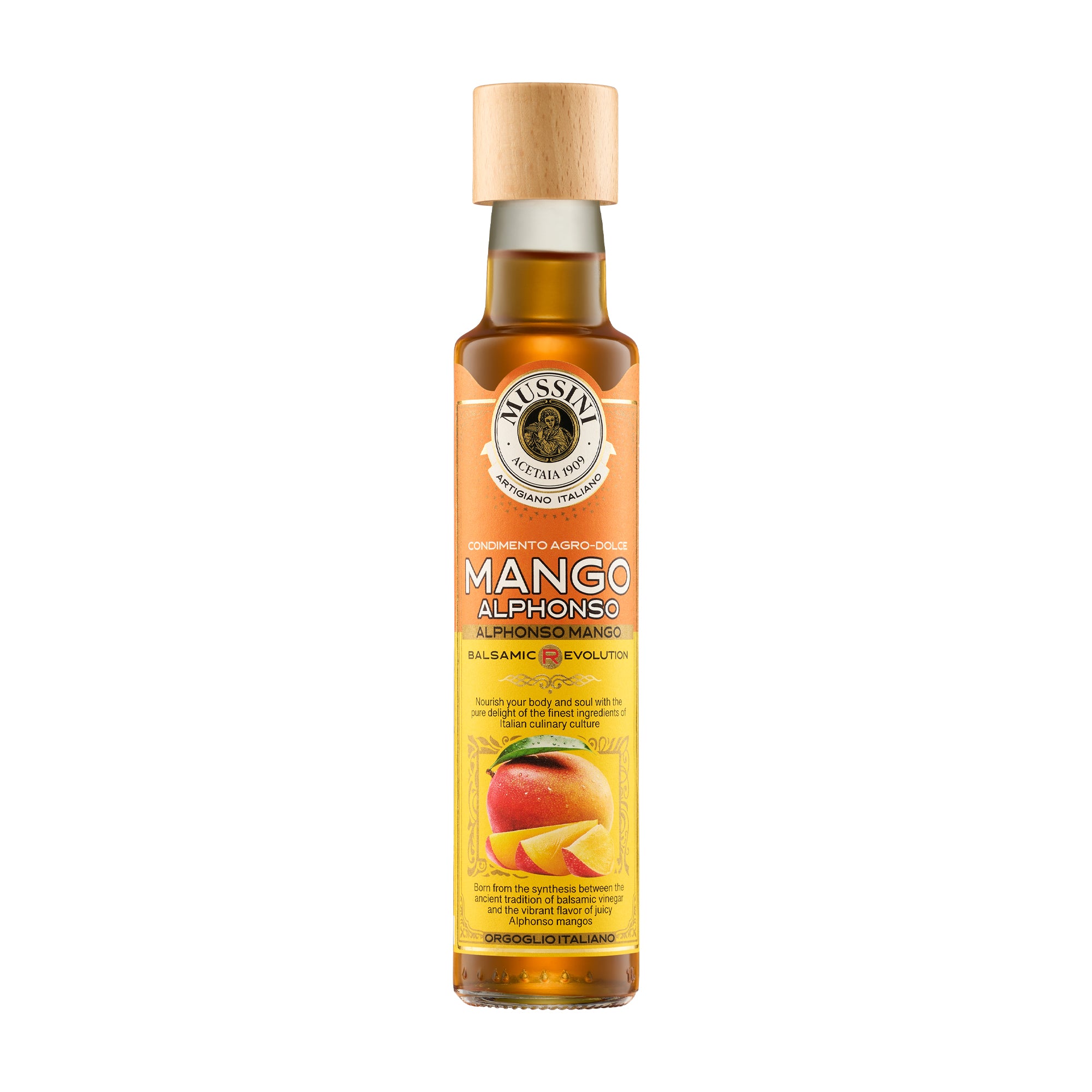 Mussini Balsamic R-Evolution Alphonso Mango Condiment in 250 ml bottle.