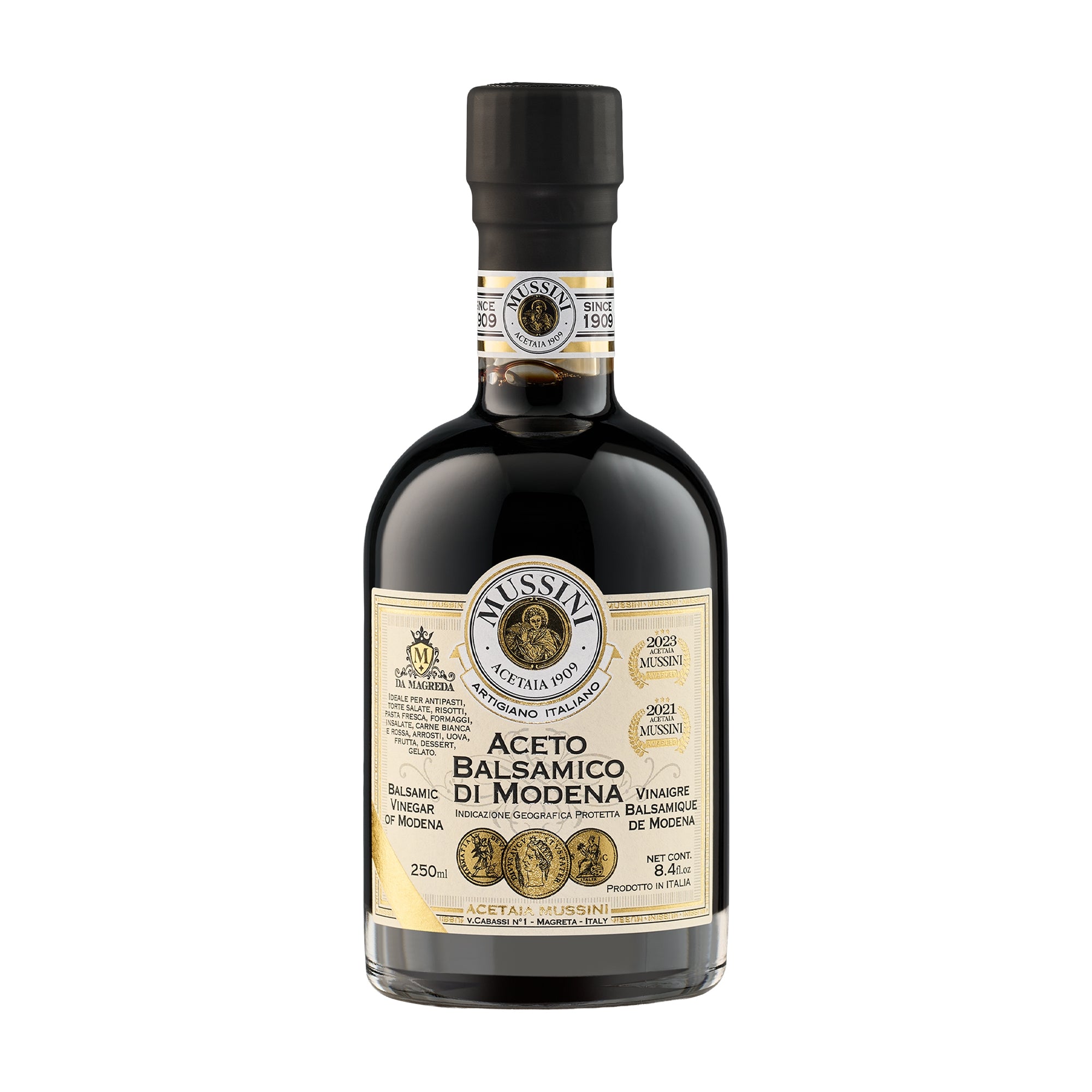 250 ml bottle of Mussini PGI Balsamic Vinegar of Modena 3 Gold Medals.