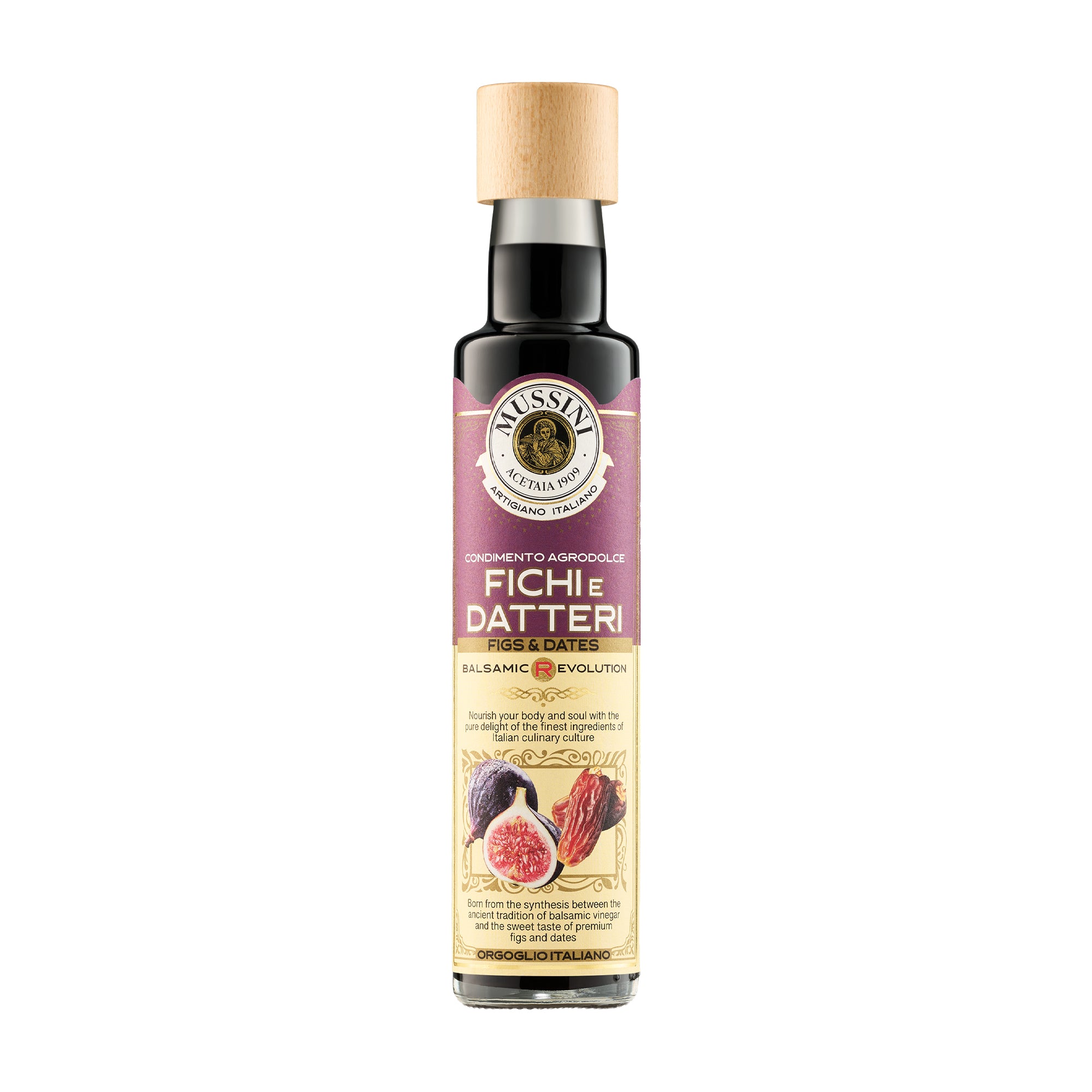 250 ml bottle of Mussini Balsamic R-Evolution Figs & Dates Condiment.