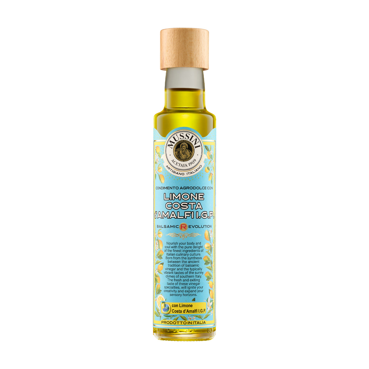 250 ml bottle of Mussini Balsamic R-Evolution Lemon-Citron Condiment.