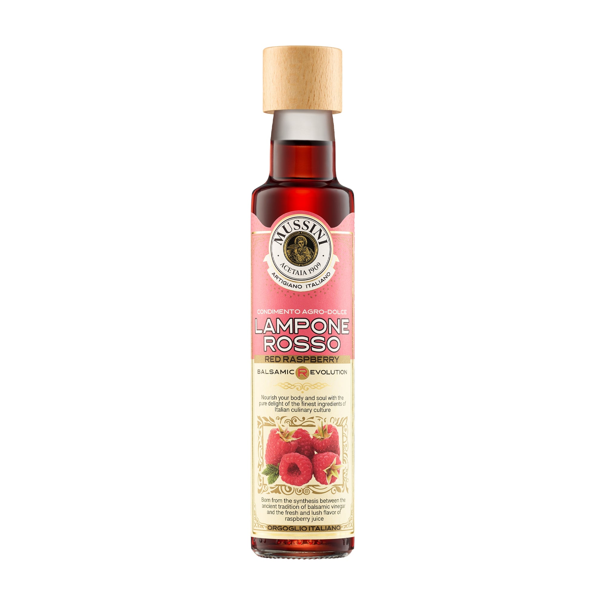 250 ml bottle of Mussini Balsamic R-Evolution Red Raspberry Condiment.