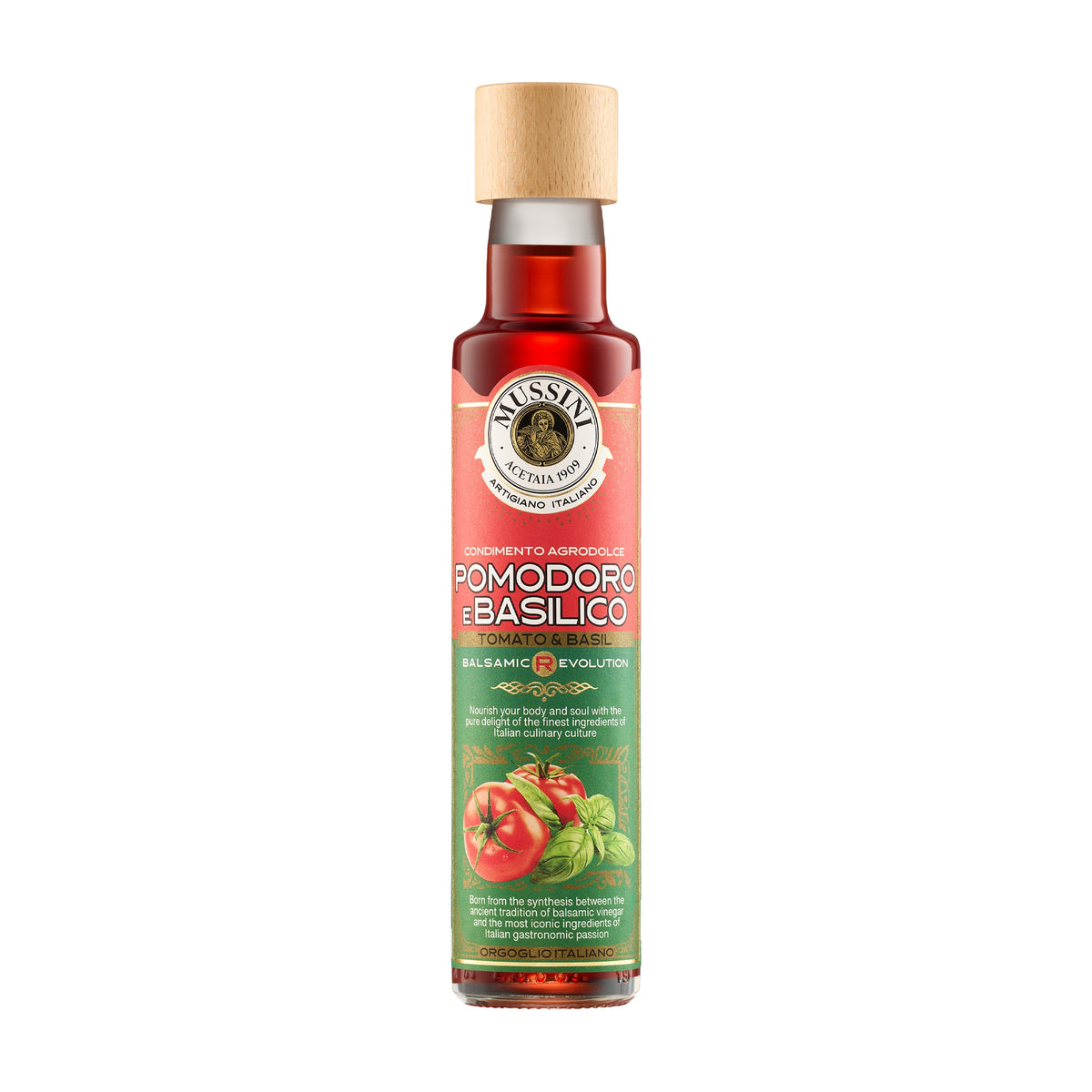 250 ml bottle of Mussini Balsamic R-Evolution Tomato & Basil Condiment.