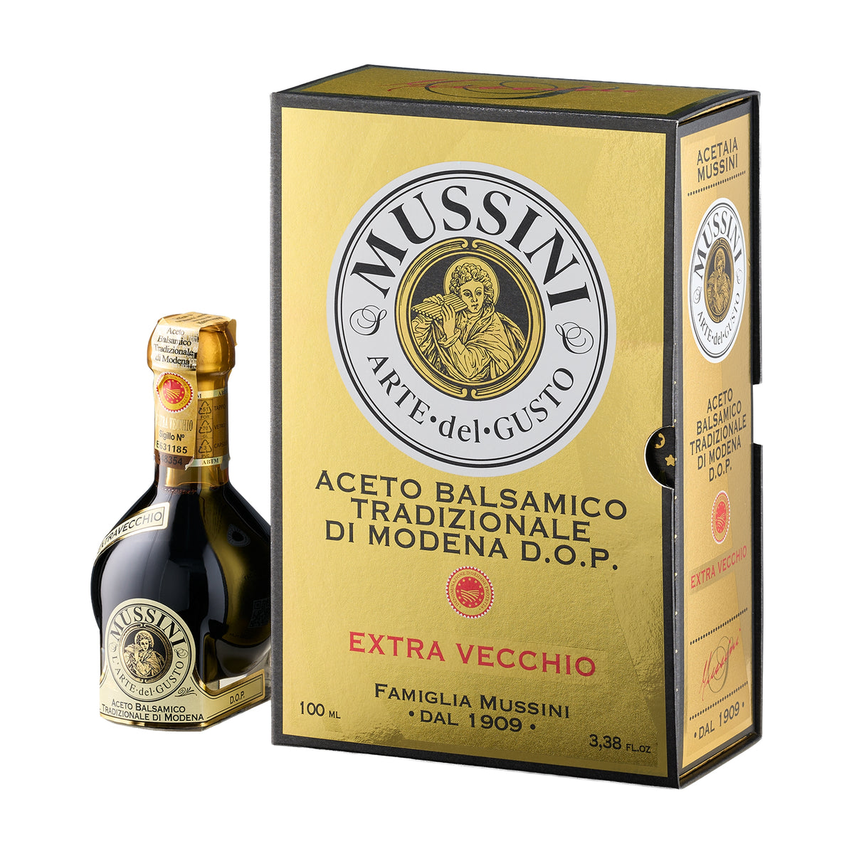 Mussini 25-year Traditional Balsamic Vinegar of Modena DOP, 100 ml bottle beside its elegant yellow gift box.