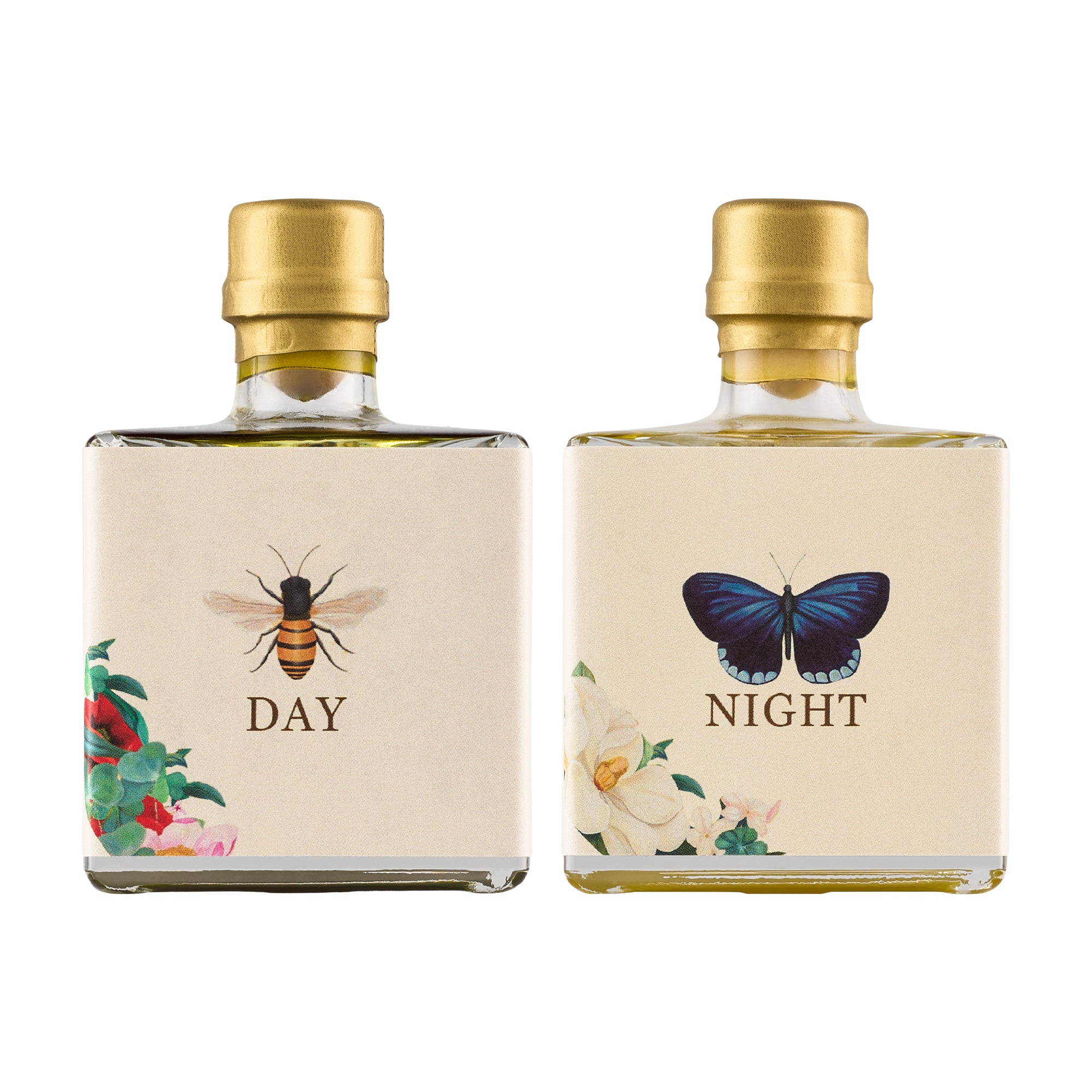 Two 100 ml bottles of Nobleza del Sur Organic extra virgin olive oil; Day, and Night.