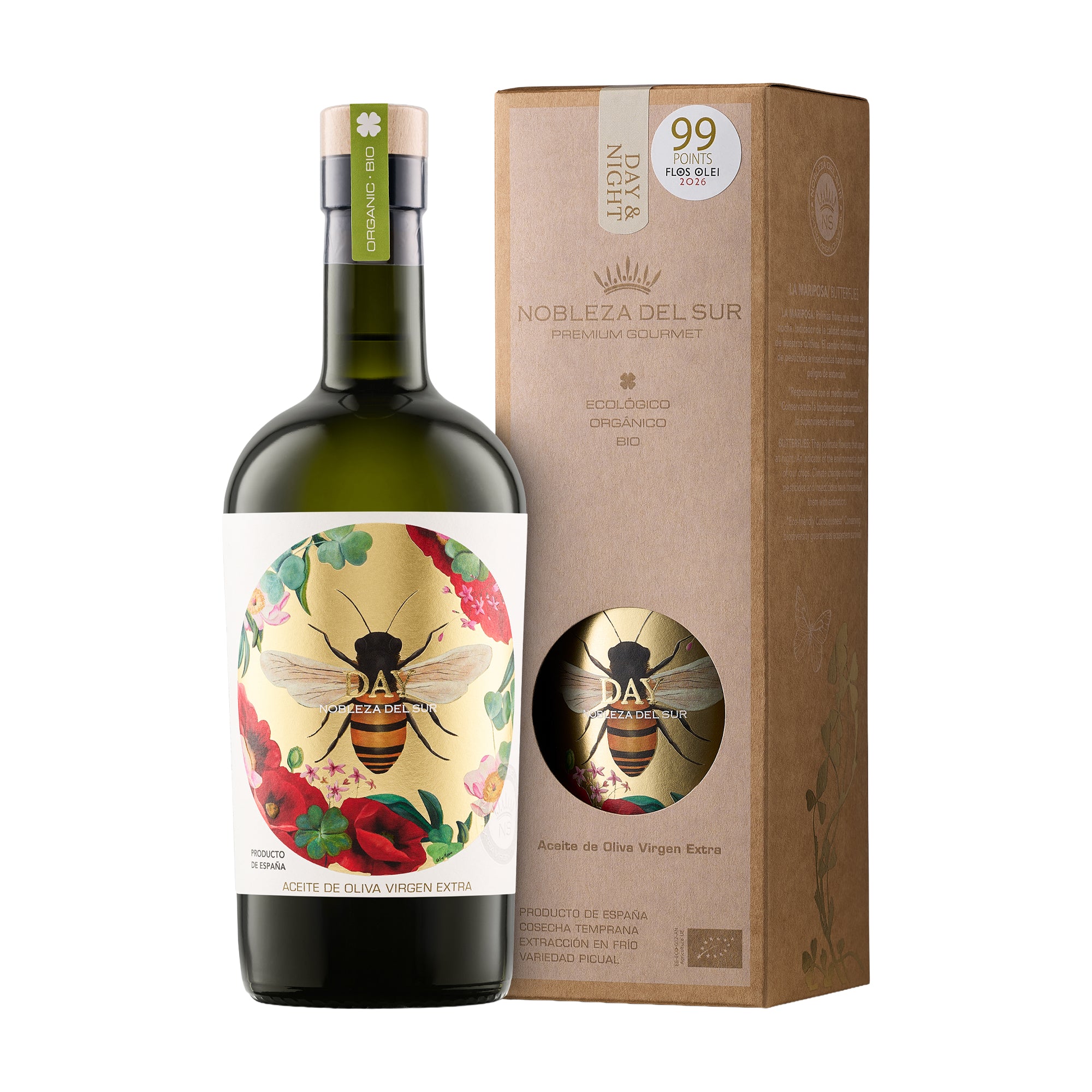 500 ml bottle of Nobleza del Sur Organic Day extra virgin olive oil and its elegant gift box.