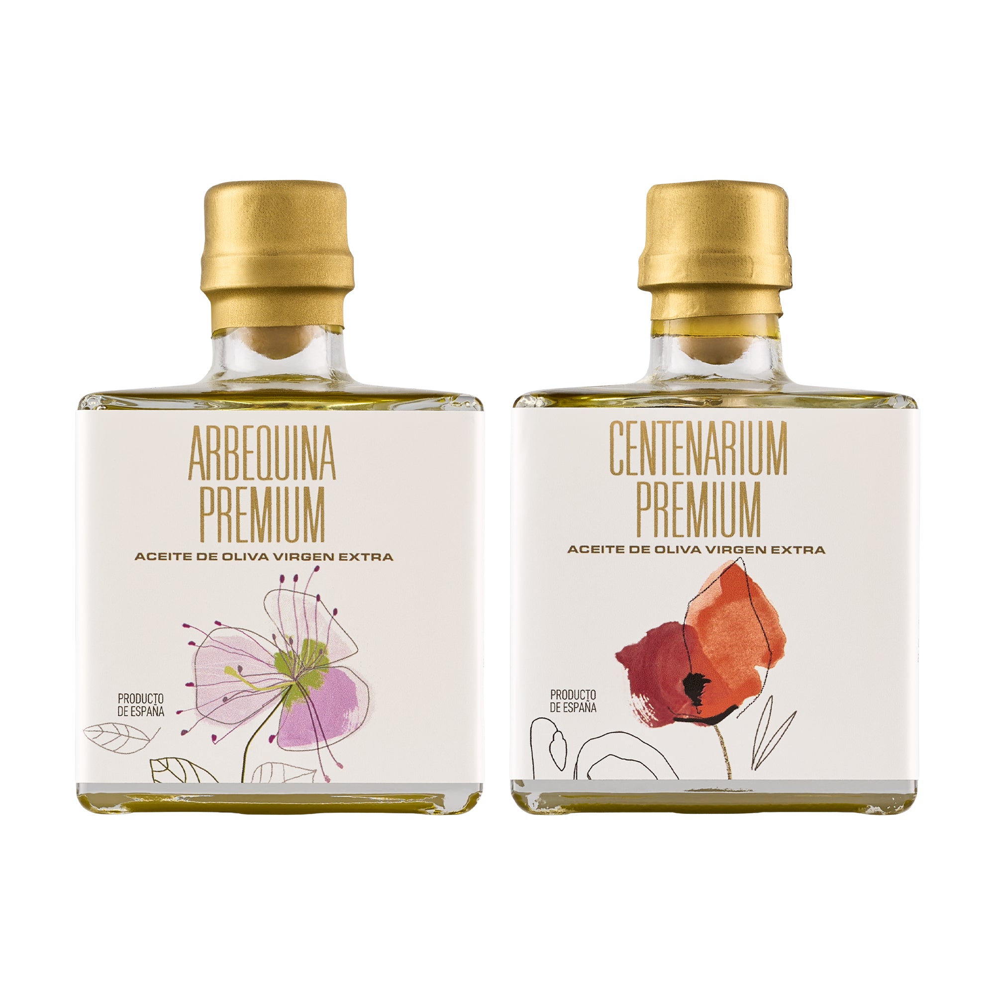 Nobleza del Sur Premium Mini Duo set with two 100 ml olive oil bottles; Arbequina, and Centenarium.