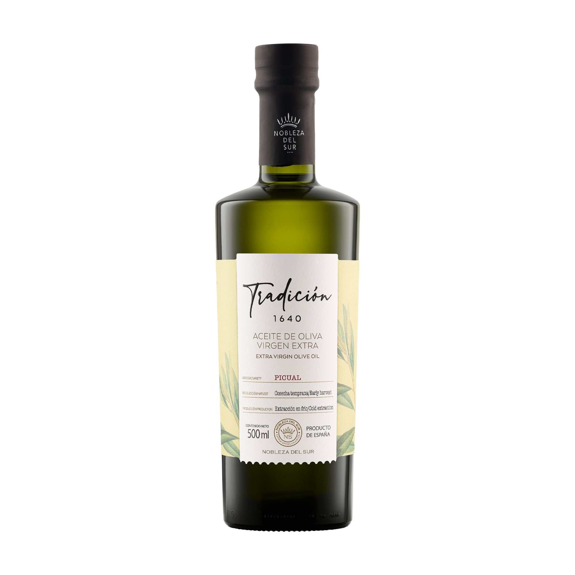 A 500 ml bottle of Nobleza del Sur Tradicion 1640 Picual extra virgin olive oil.