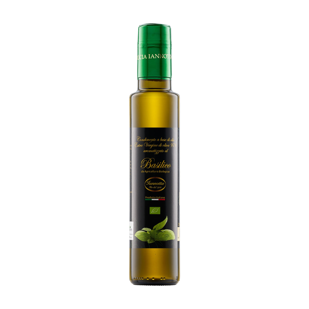 250 ml bottle of Iannotta Organic Basil Flavored extra virgin olive oil.