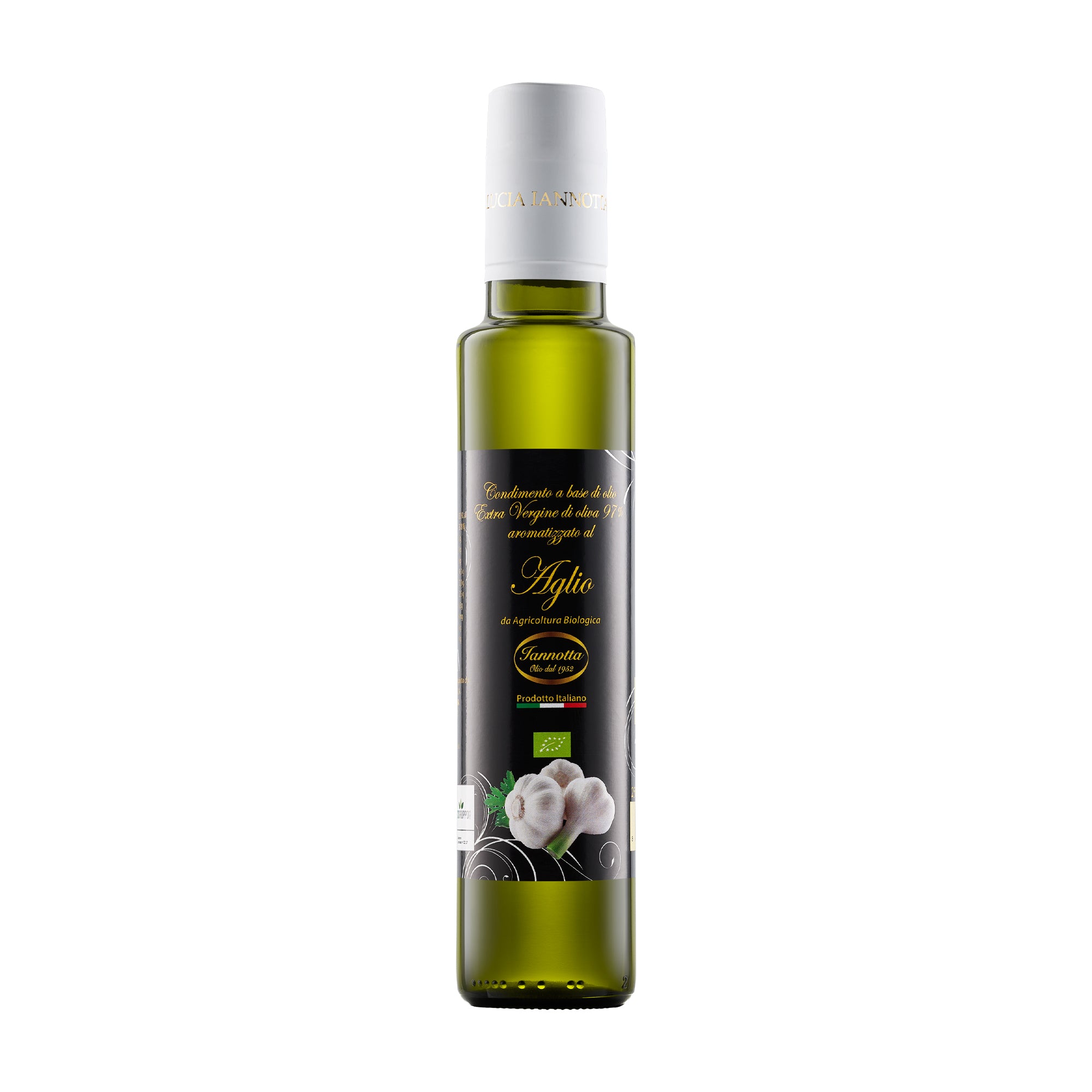 250 ml bottle of Iannotta Organic Garlic Flavored extra virgin olive oil from Lazio, Italy.