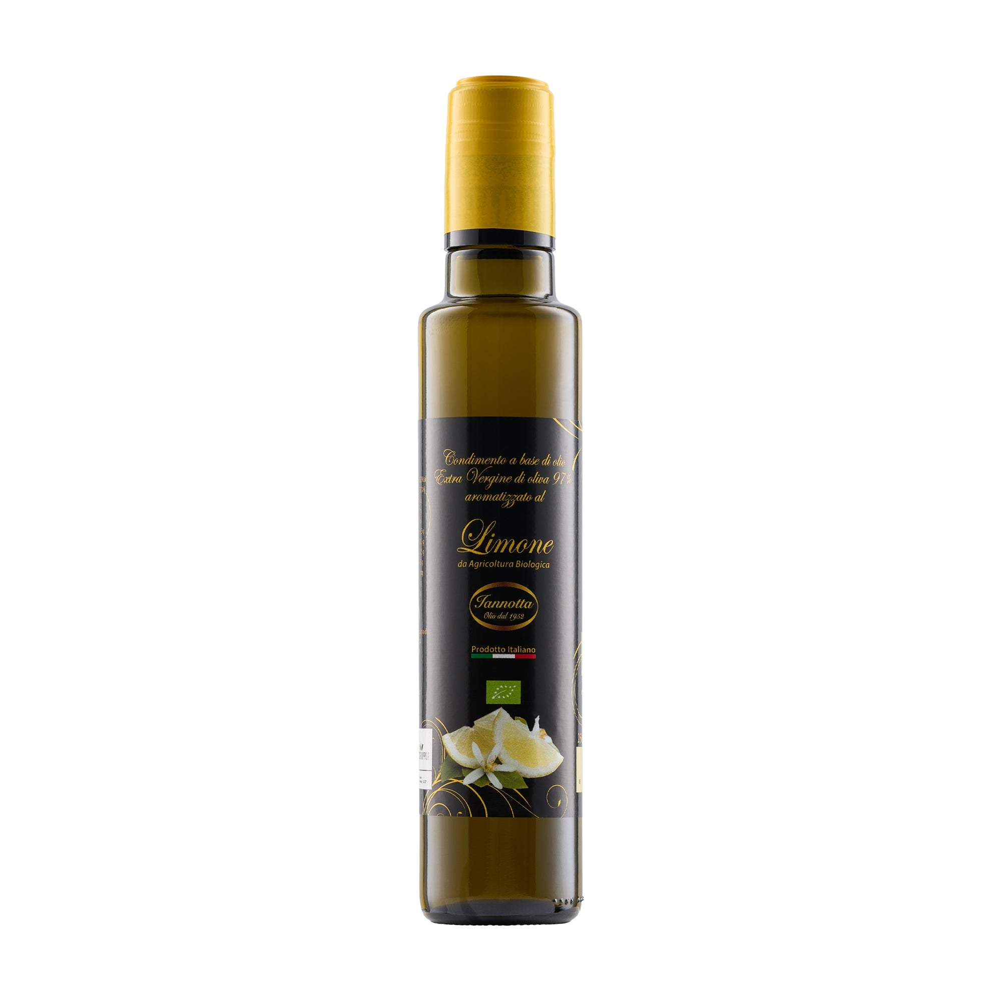 250 ml bottle of Iannotta Organic Lemon Flavored extra virgin olive oil.
