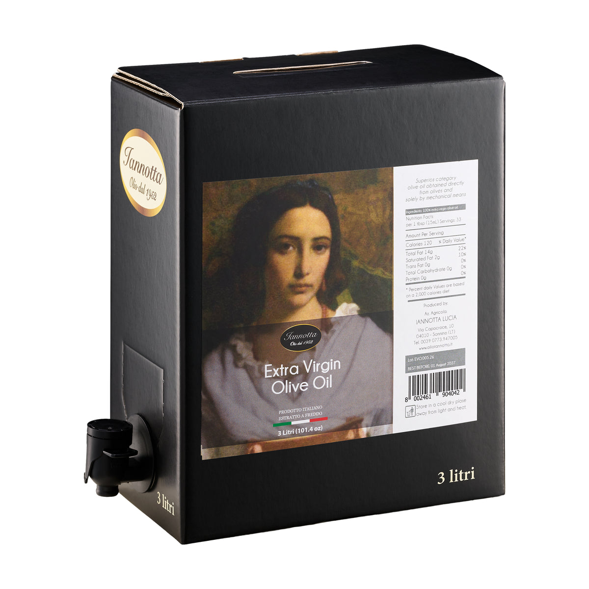 Iannotta Italian Extra Virgin Olive Oil 3L Bag-in-Box with dispensing spout extended.