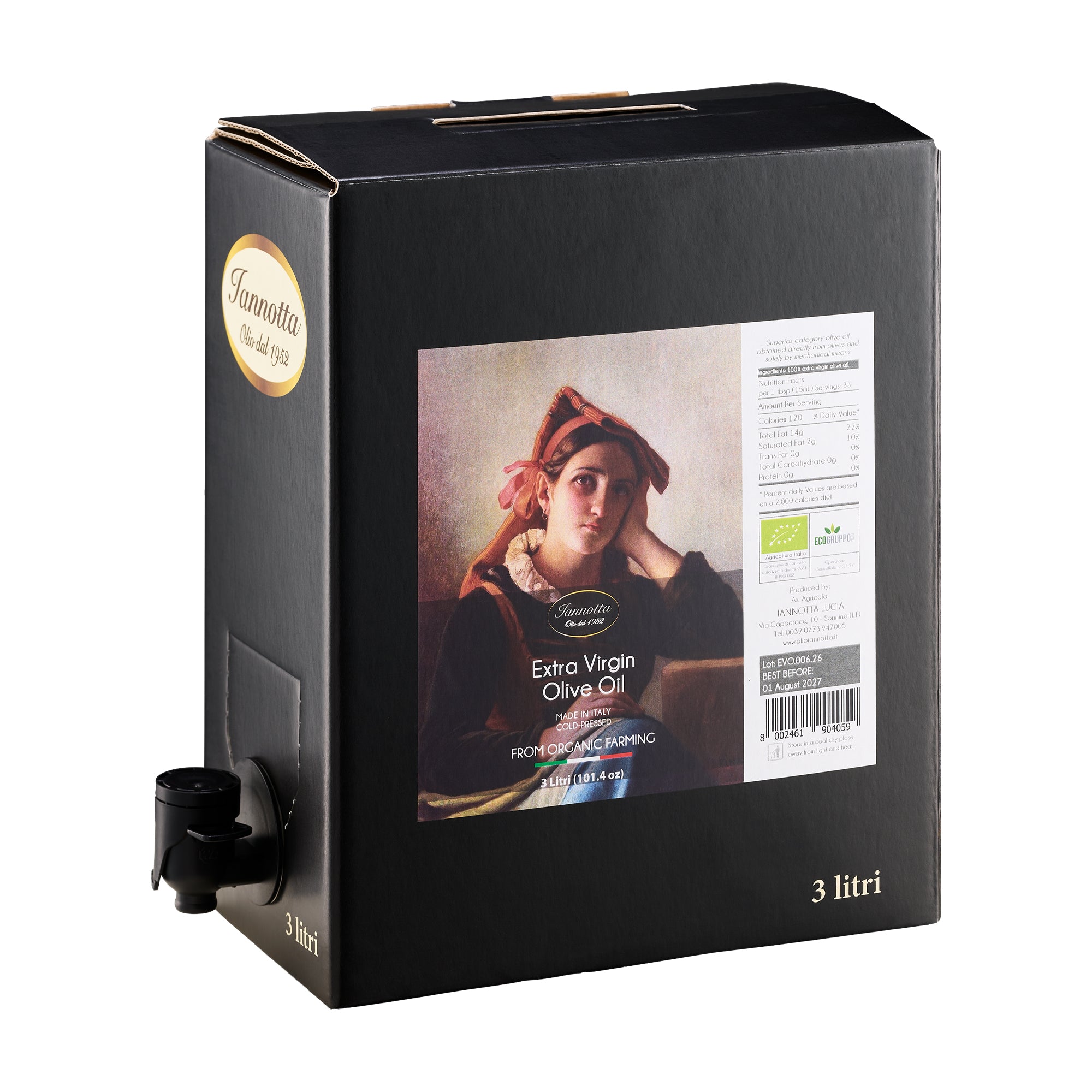 Iannotta Organic 3L Bag-in-Box extra virgin olive oil from Italy with dispensing spout extended.