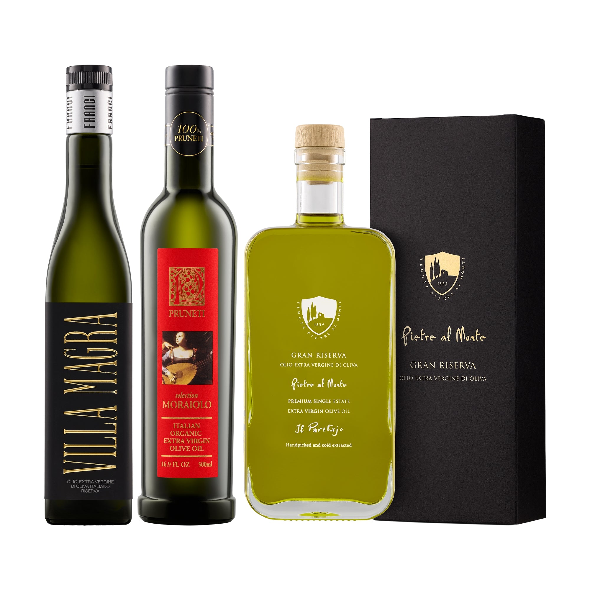 Three 500 ml bottles from Tuscany; Franci Villa Magra, Pruneti Moraiolo Biologico, and Pietre al Monte Gran Riserva.