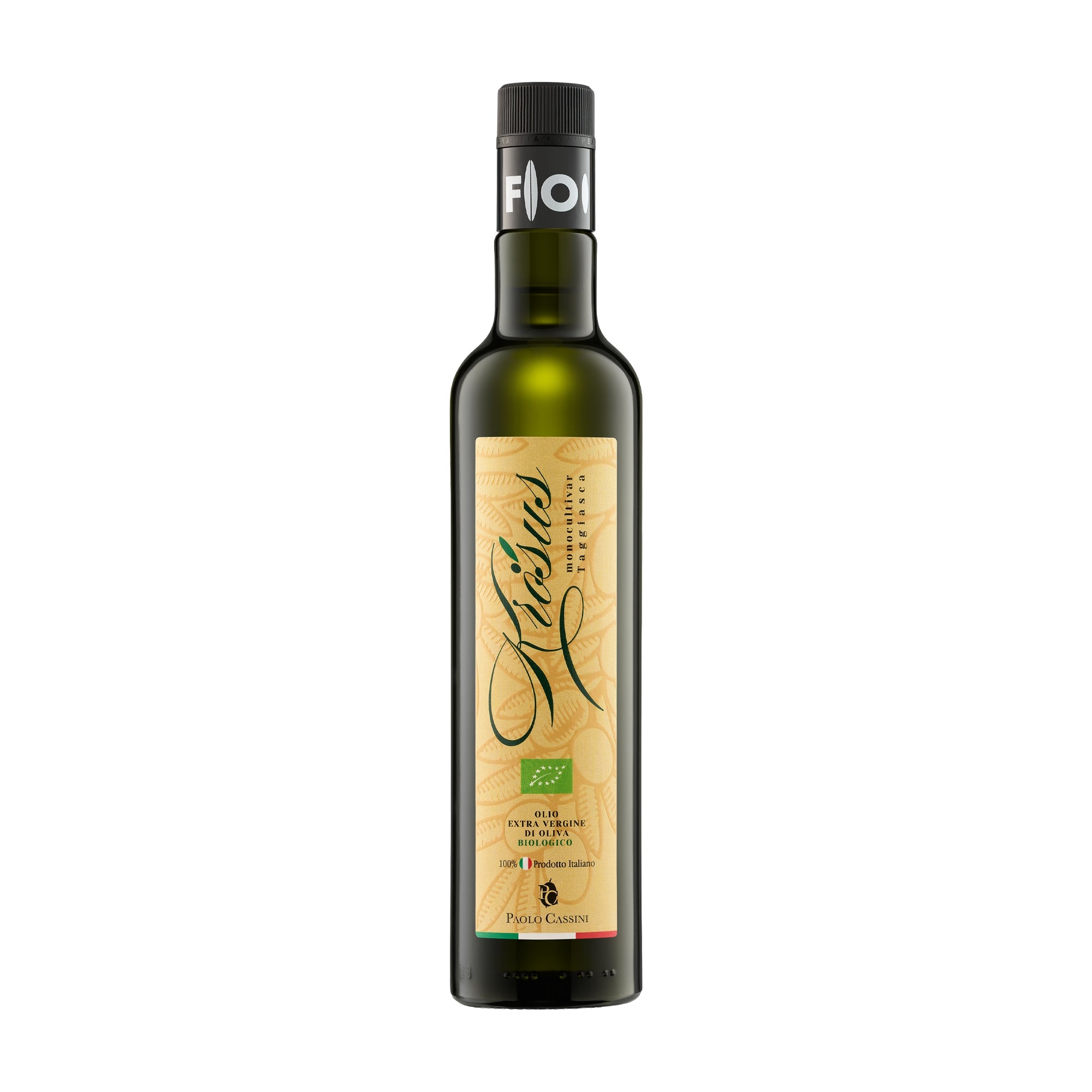 500 ml bottle of Paolo Cassini Krosus Organic Taggiasca extra virgin olive oil.