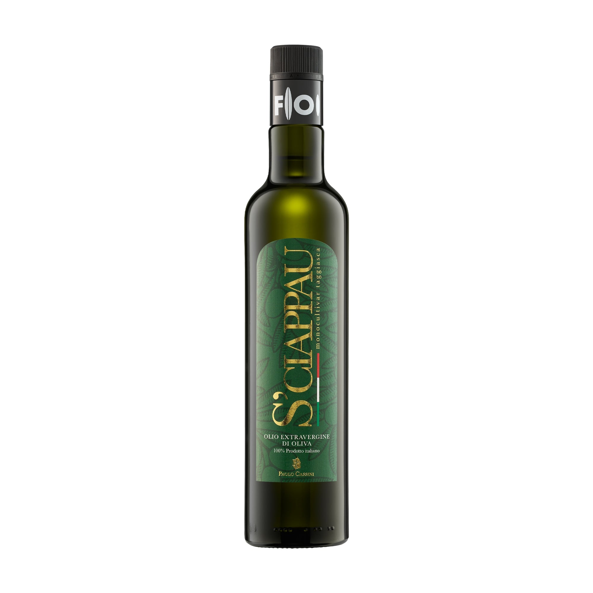 A 500 ml bottle of Paolo Cassini Taggiasca S'Ciappau extra virgin olive oil.
