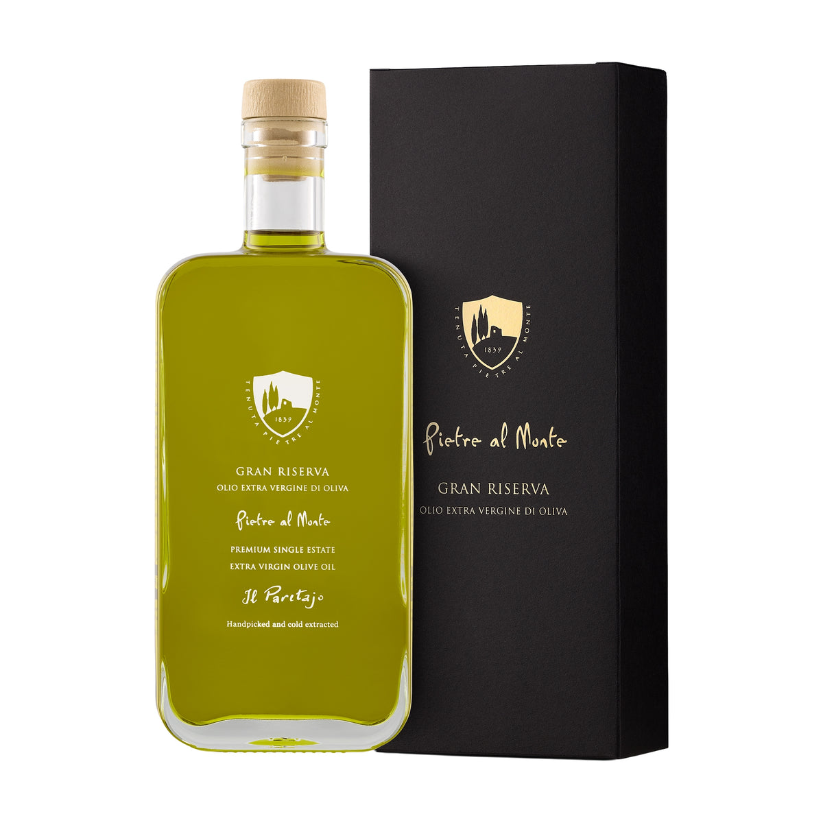 A bottle of Pietre al Monte Gran Riserva extra virgin olive oil, and its gift box.