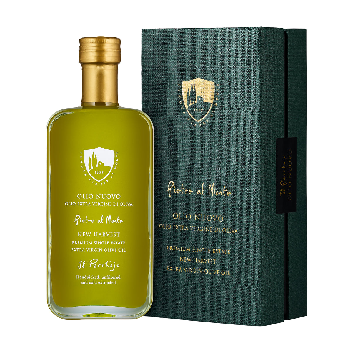 250ml Pietre al Monte Olio Nuovo bottle beside its dark green gift box.