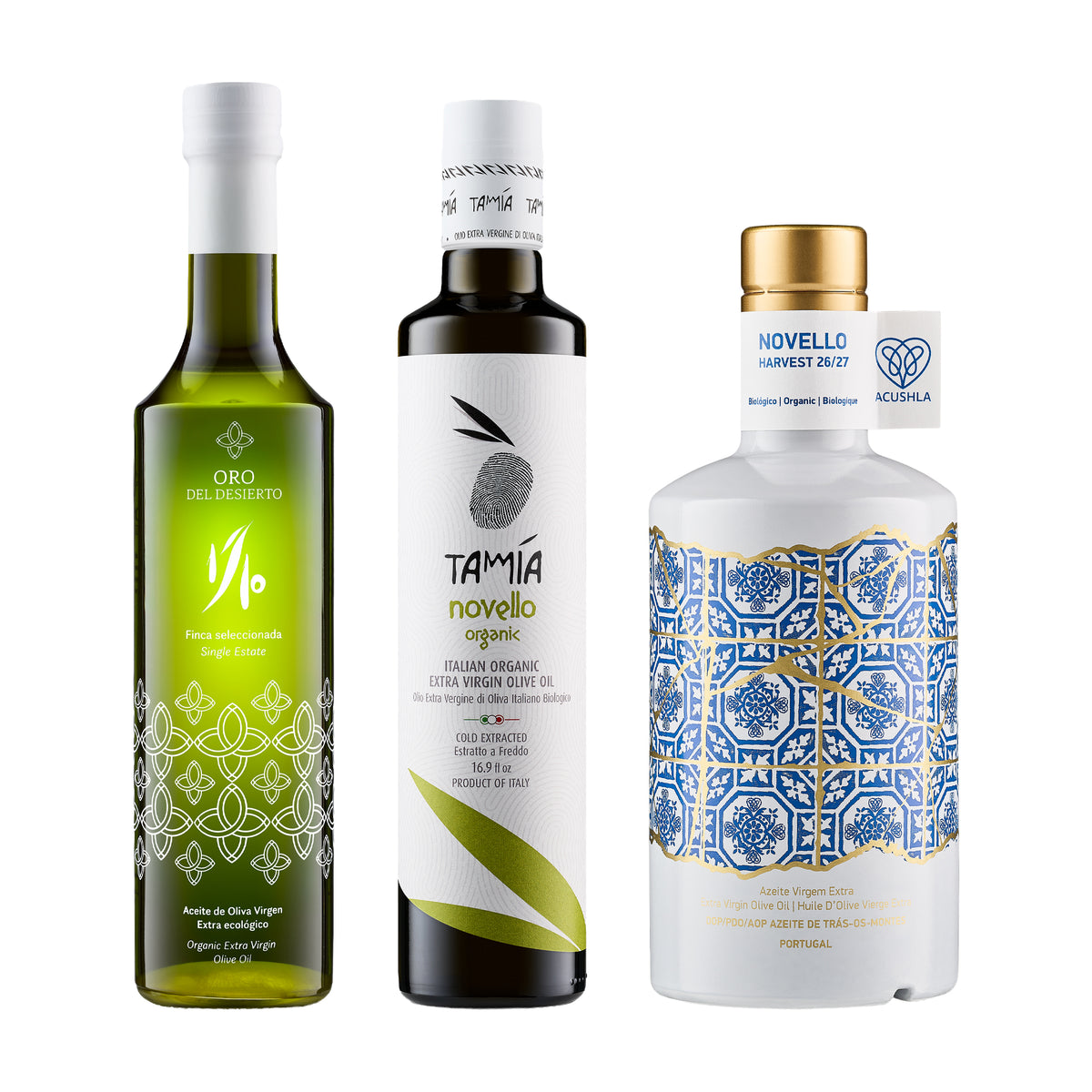 Three 500ml bottles of Organic early harvest extra virgin olive oils from Oro del Desierto, Tamia, and Acushla.