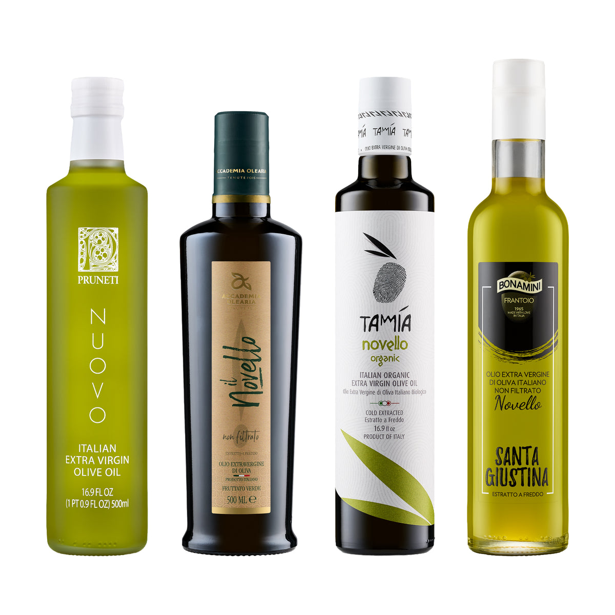 Four Italian early harvest extra virgin olive oils from Frantoio Pruneti, Accademia Olearia, Tamia, and Frantoio Bonamini.
