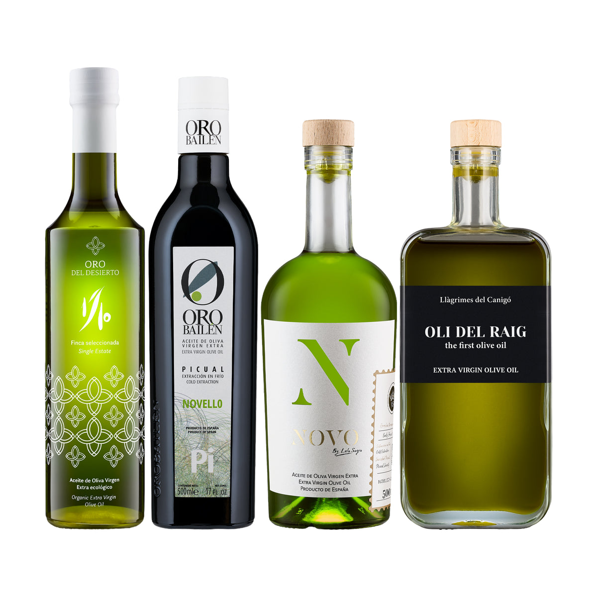 Four Spanish early harvest extra virgin olive oils from Oro Bailen, Oro del Desierto, Nobleza del Sur, and Llagrimes del Canigo.