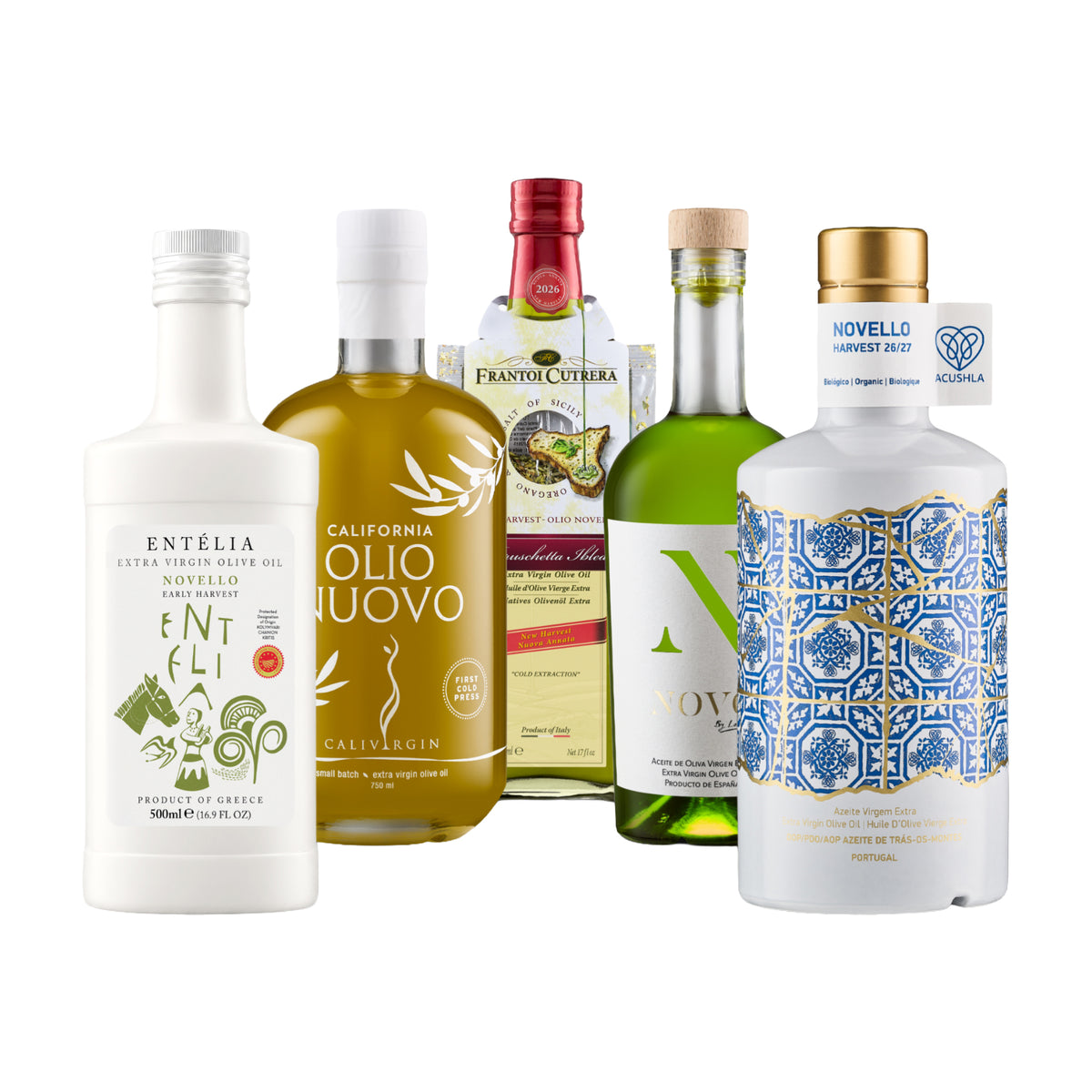 Five early harvest extra virgin olive oils from Entelia, Calivirgin, Frantoi Cutrera, Nobleza del Sur, and Acushla.