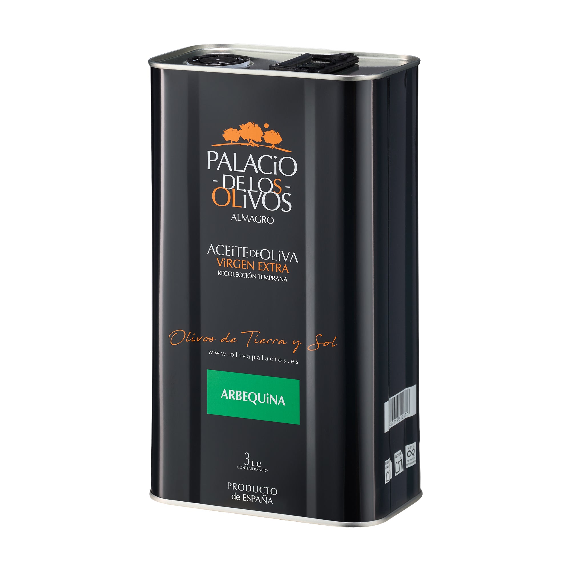 Angled view of Palacio de los Olivos Arbequina 3L Tin extra virgin olive oil.