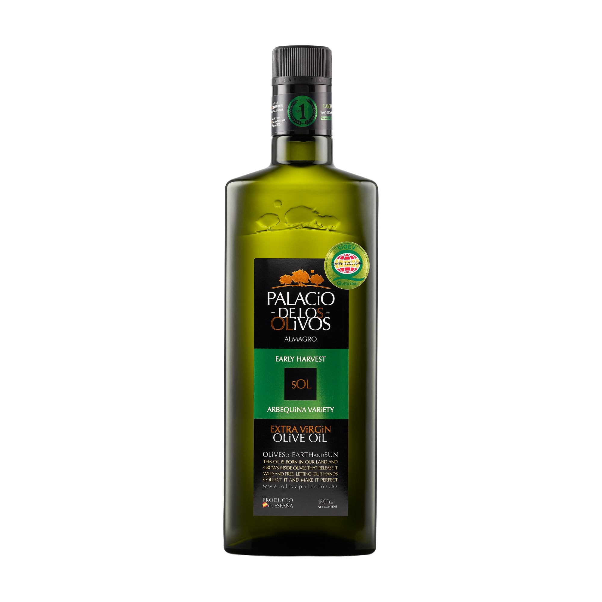 500 ml bottle of Palacio de los Olivos Arbequina extra virgin olive oil.