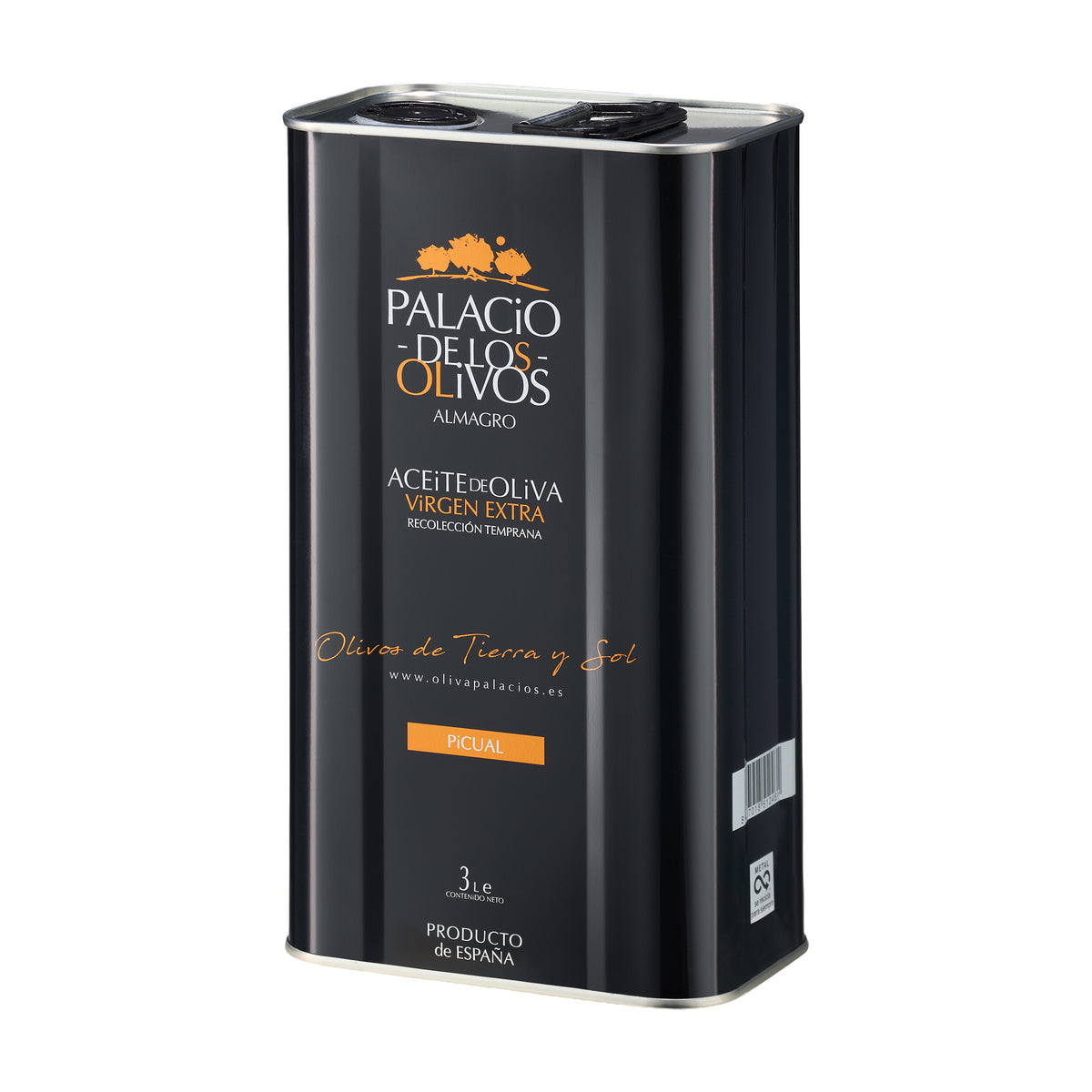 Angled view of Palacio de los Olivos Picual 3L Tin extra virgin olive oil.